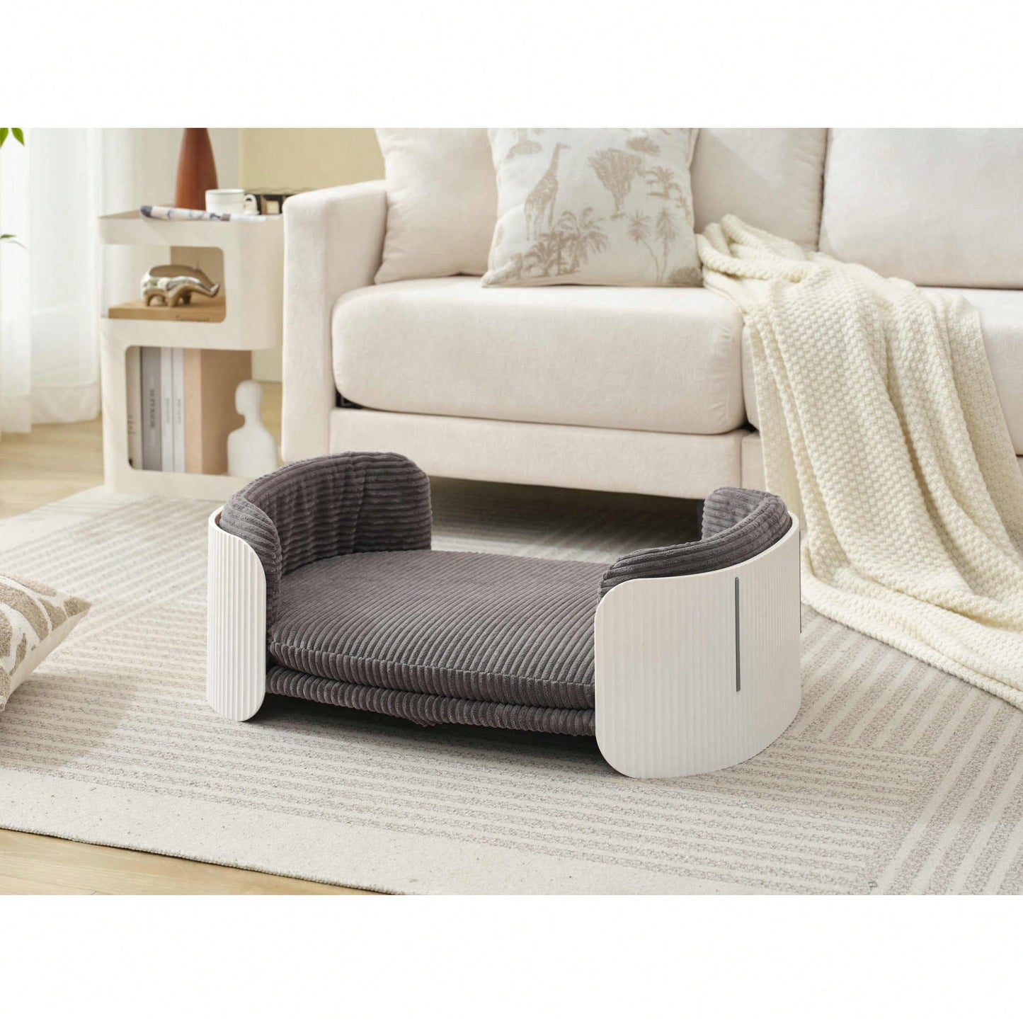 Scandinavian Style Elevated Cat Couch Bed With Removable Mattress Cover For Indoor Cats And Small Pets In White And Grey