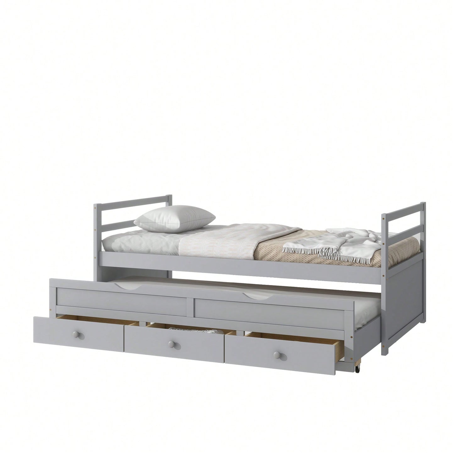 Twin Size Pine Wood Bed With Headboard Footboard Trundle And Storage Drawers In Grey