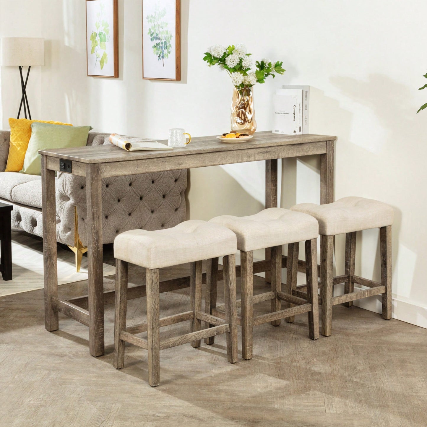 4-Piece Brown Bar Table Set With Power Outlet And 3 Padded Stools For Dining Room, Living Room And Game Room
