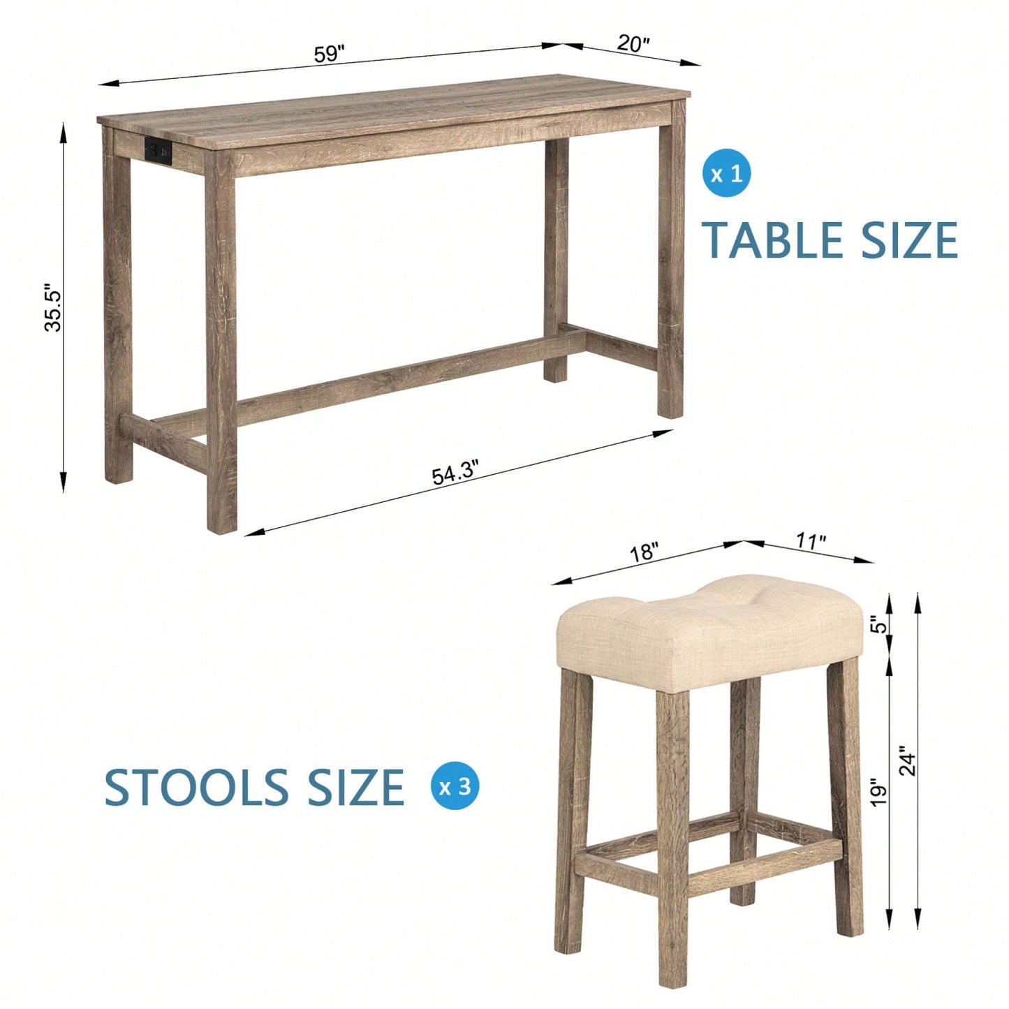4-Piece Brown Bar Table Set With Power Outlet And 3 Padded Stools For Dining Room, Living Room And Game Room