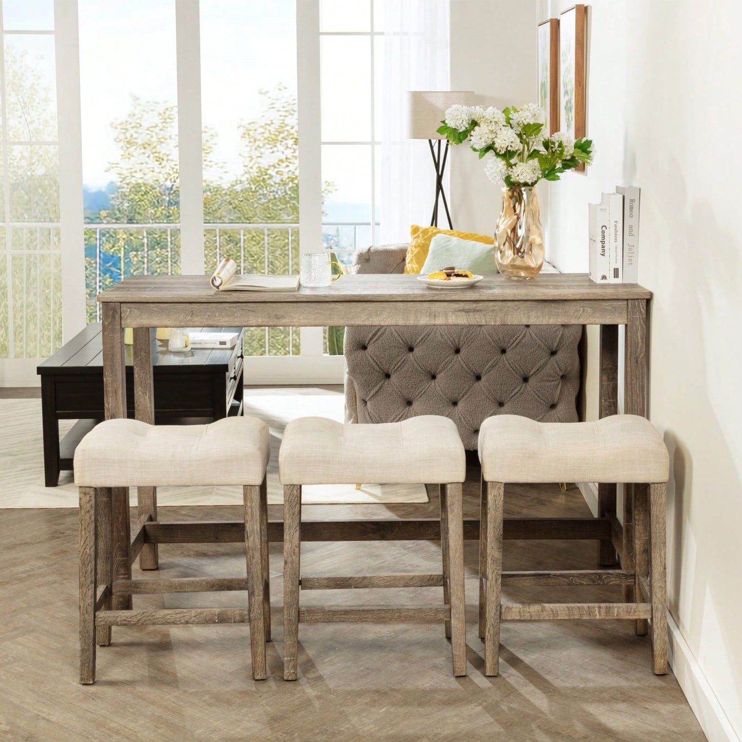 4-Piece Brown Bar Table Set With Power Outlet And 3 Padded Stools For Dining Room, Living Room And Game Room