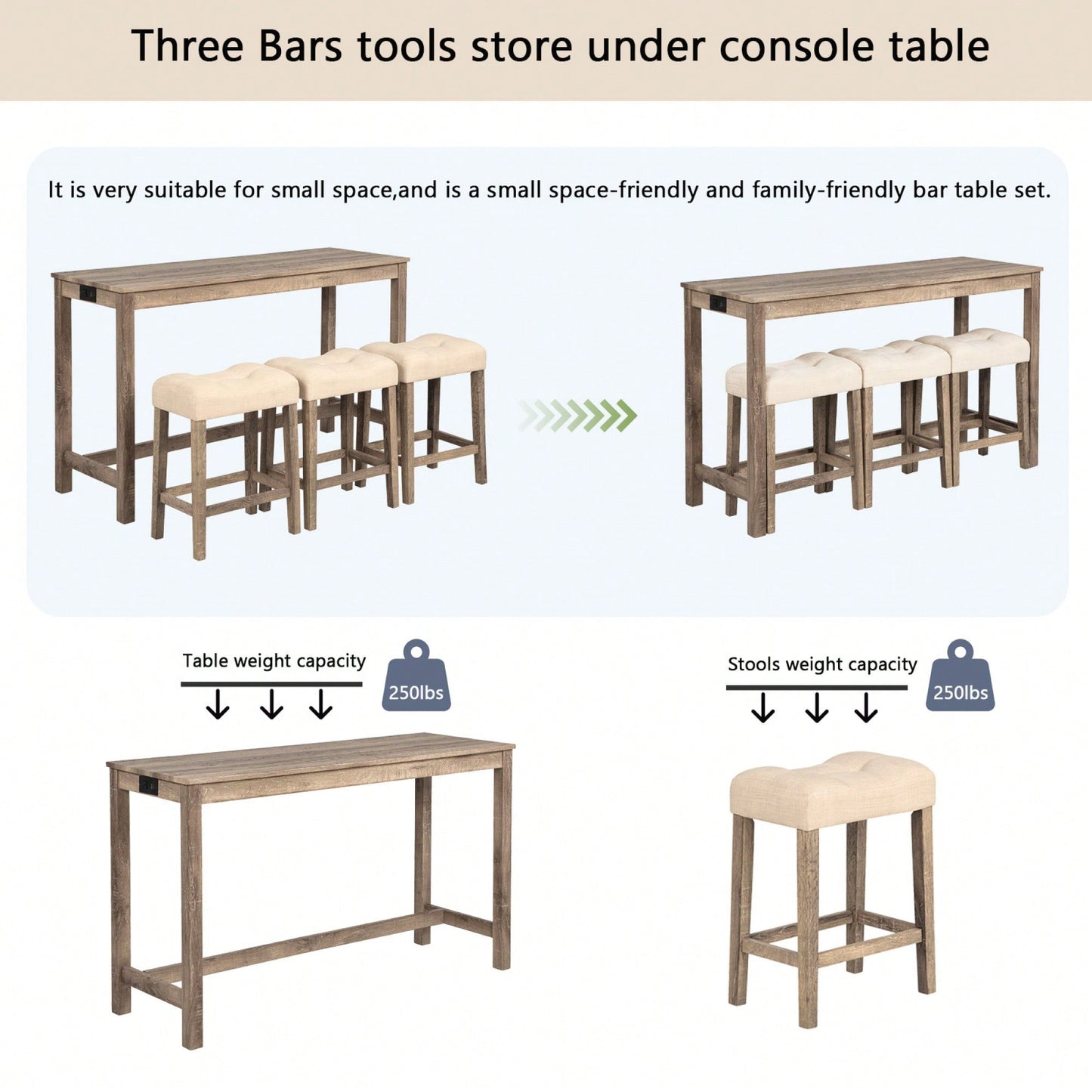 4-Piece Brown Bar Table Set With Power Outlet And 3 Padded Stools For Dining Room, Living Room And Game Room