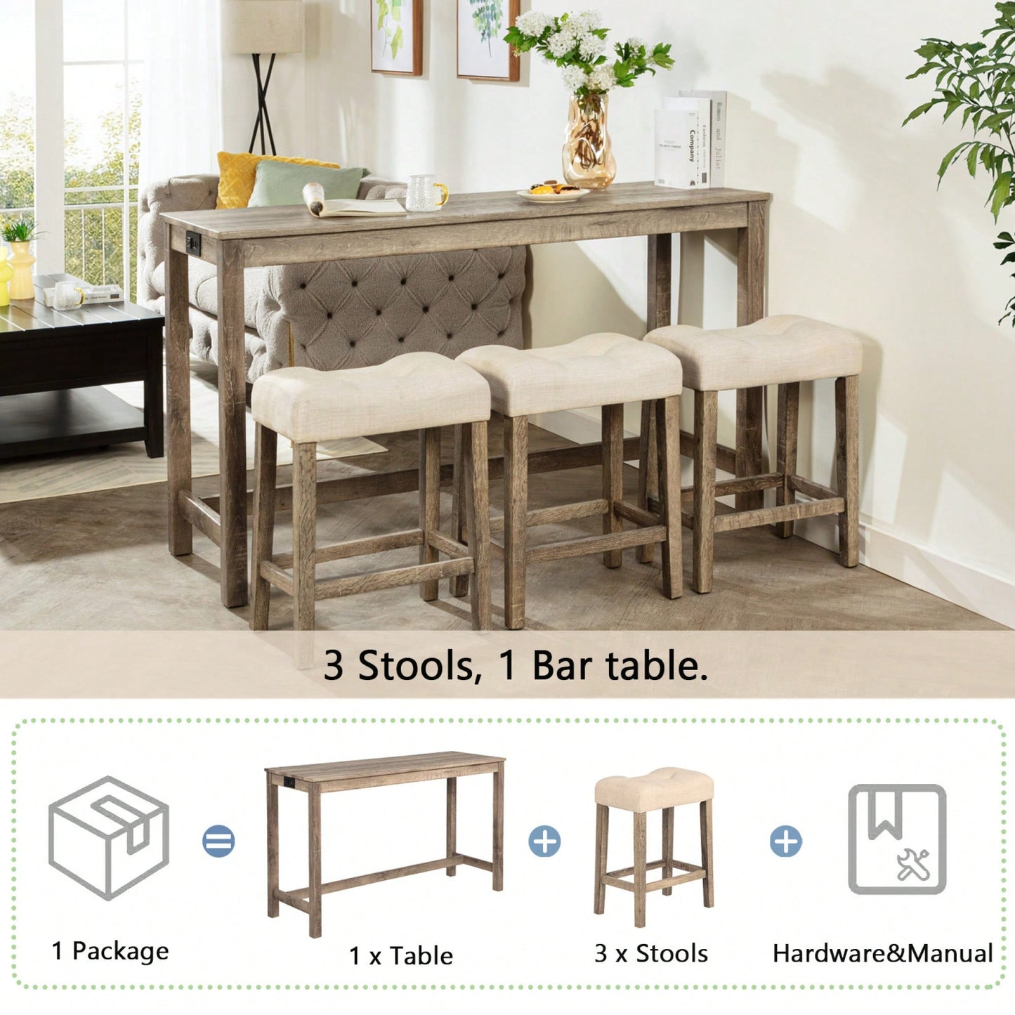 4-Piece Brown Bar Table Set With Power Outlet And 3 Padded Stools For Dining Room, Living Room And Game Room