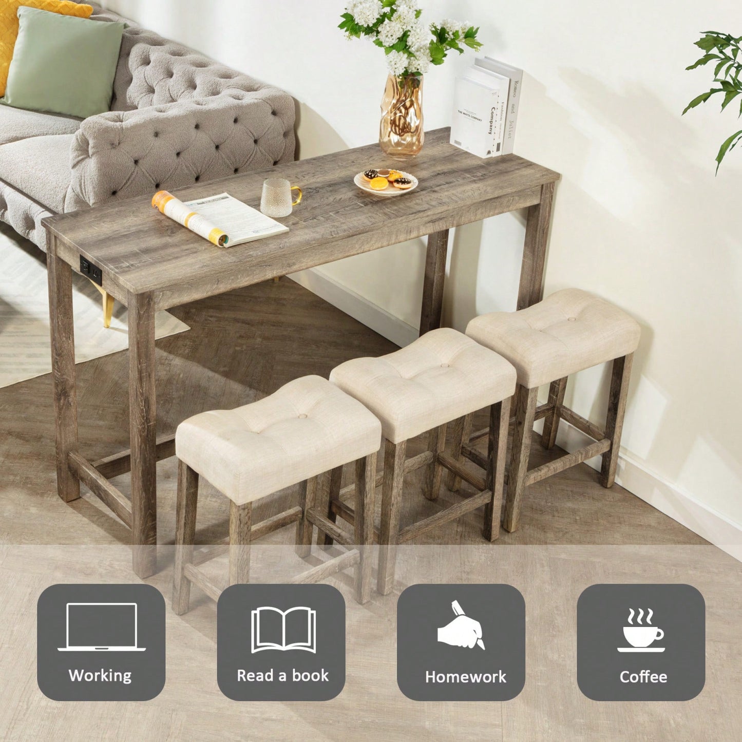 4-Piece Brown Bar Table Set With Power Outlet And 3 Padded Stools For Dining Room, Living Room And Game Room