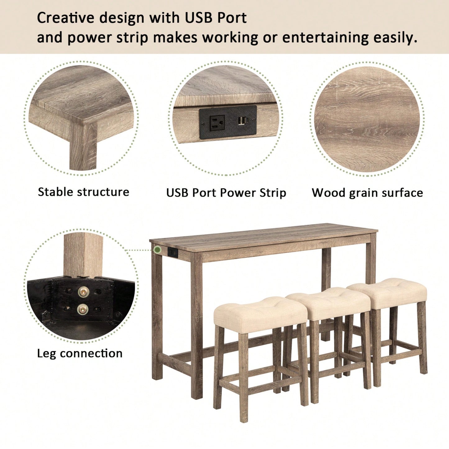 4-Piece Brown Bar Table Set With Power Outlet And 3 Padded Stools For Dining Room, Living Room And Game Room