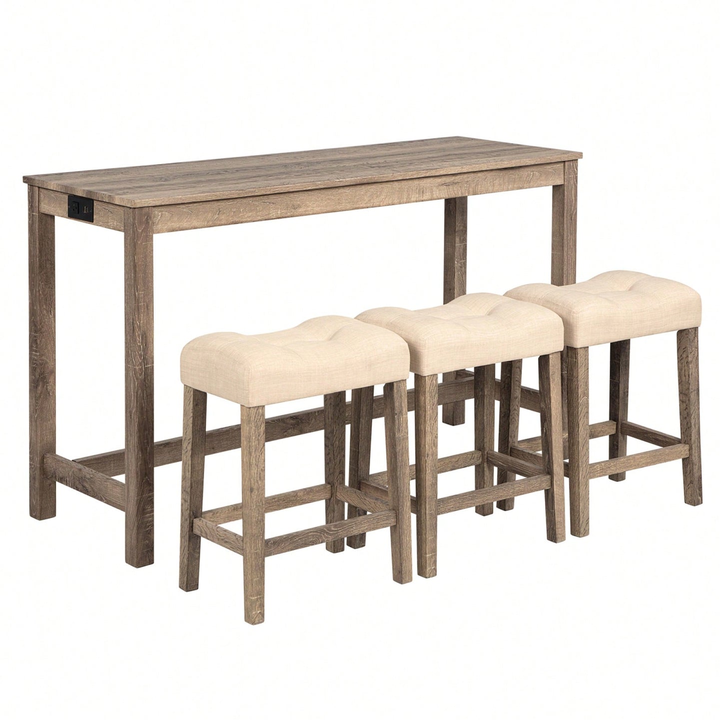 4-Piece Brown Bar Table Set With Power Outlet And 3 Padded Stools For Dining Room, Living Room And Game Room