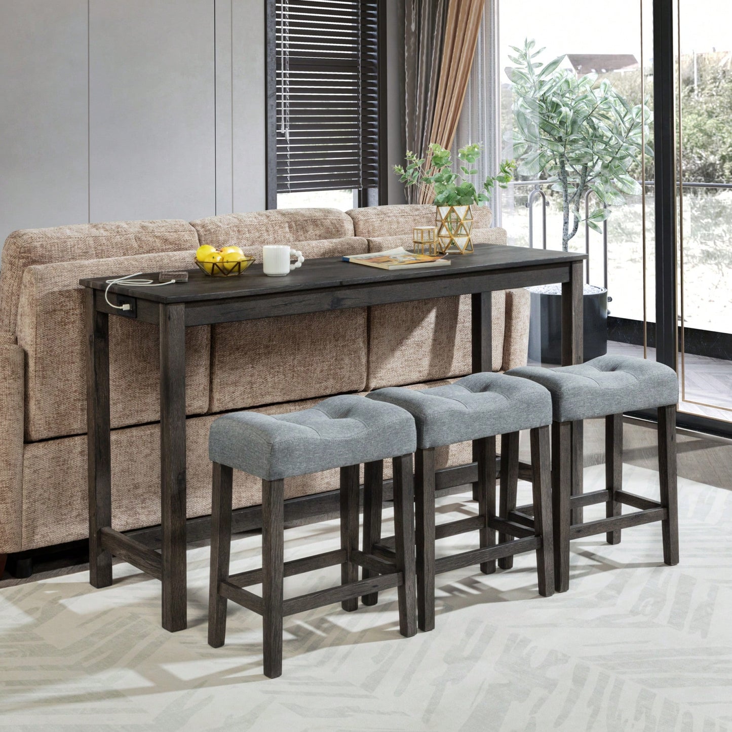 4-Piece Brown Bar Table Set With Power Outlet And 3 Padded Stools For Dining Room, Living Room And Game Room