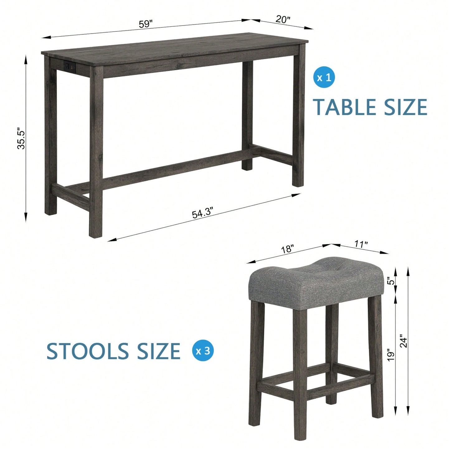 4-Piece Brown Bar Table Set With Power Outlet And 3 Padded Stools For Dining Room, Living Room And Game Room
