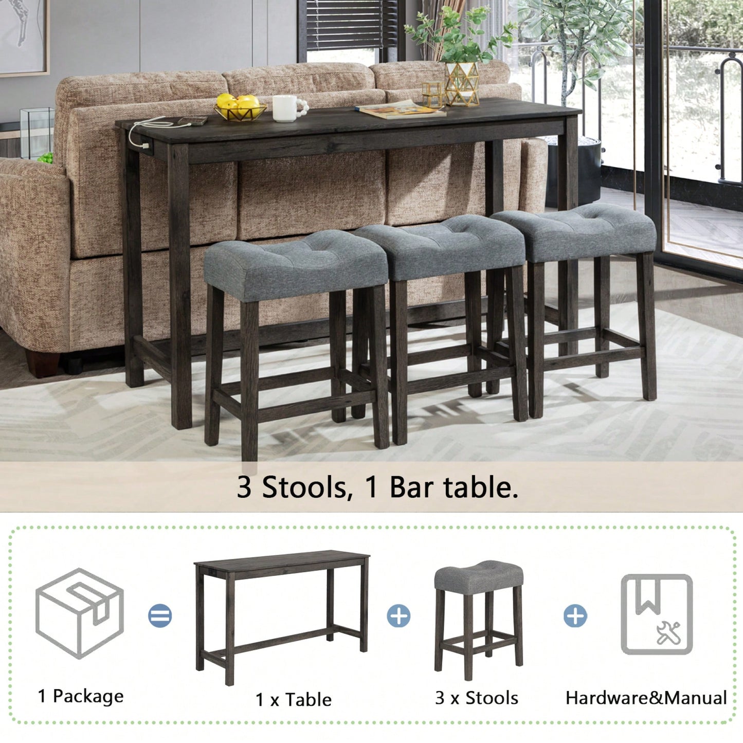 4-Piece Brown Bar Table Set With Power Outlet And 3 Padded Stools For Dining Room, Living Room And Game Room