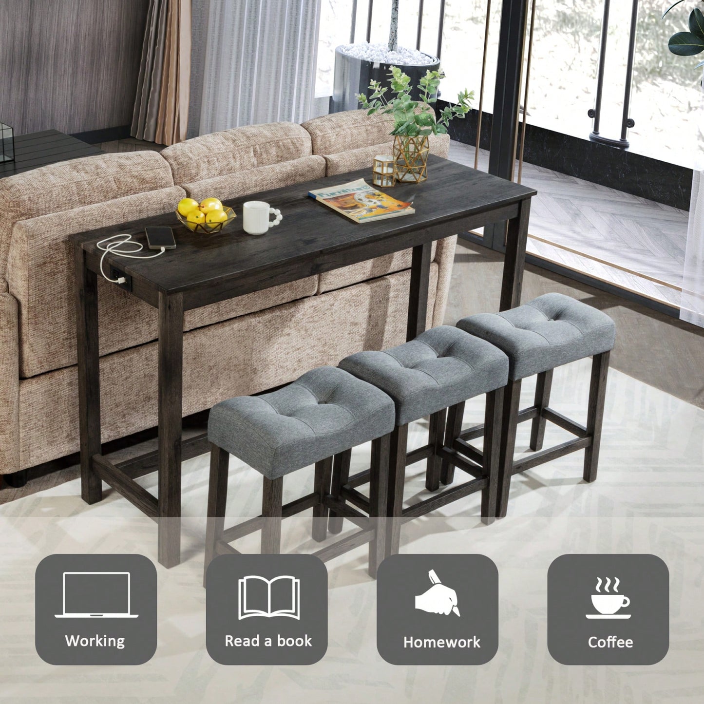 4-Piece Brown Bar Table Set With Power Outlet And 3 Padded Stools For Dining Room, Living Room And Game Room
