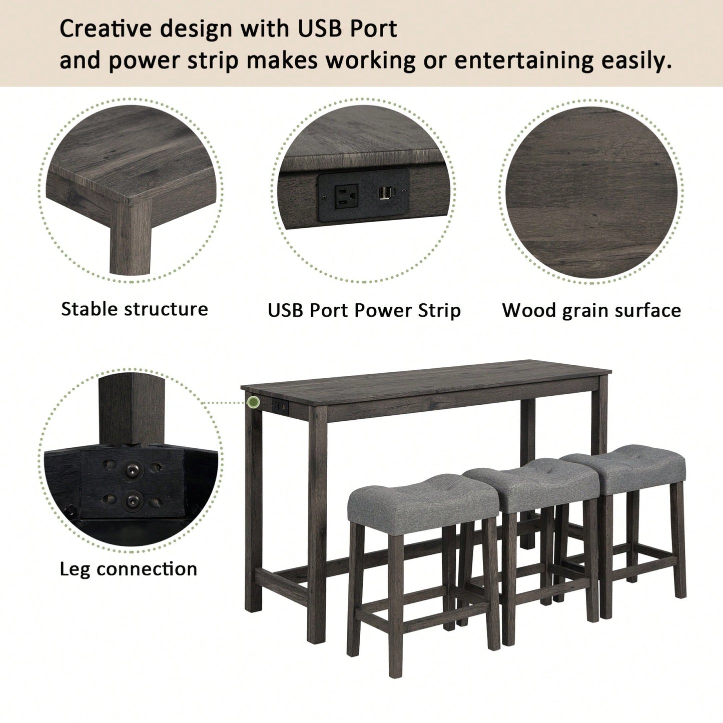 4-Piece Brown Bar Table Set With Power Outlet And 3 Padded Stools For Dining Room, Living Room And Game Room