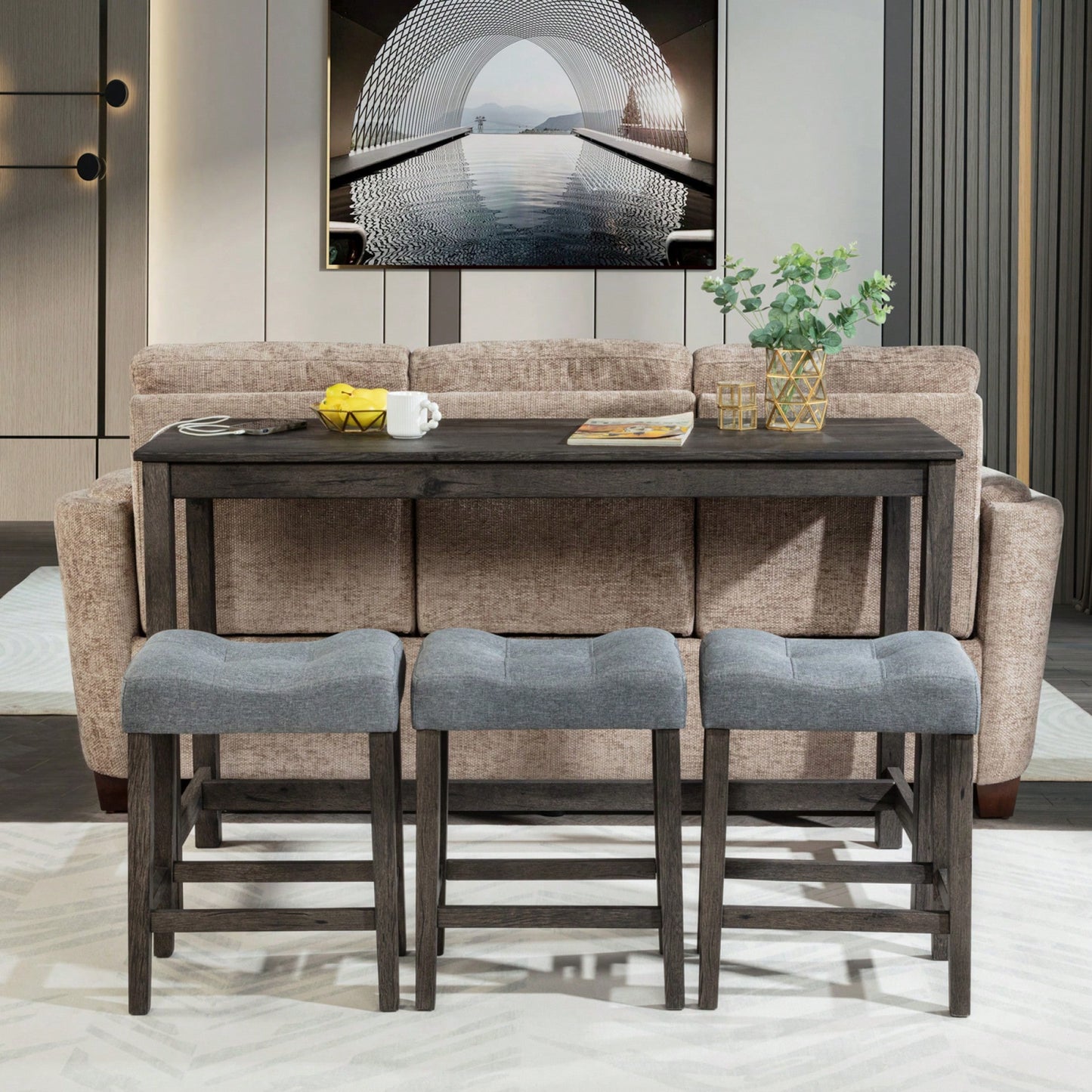 4-Piece Brown Bar Table Set With Power Outlet And 3 Padded Stools For Dining Room, Living Room And Game Room