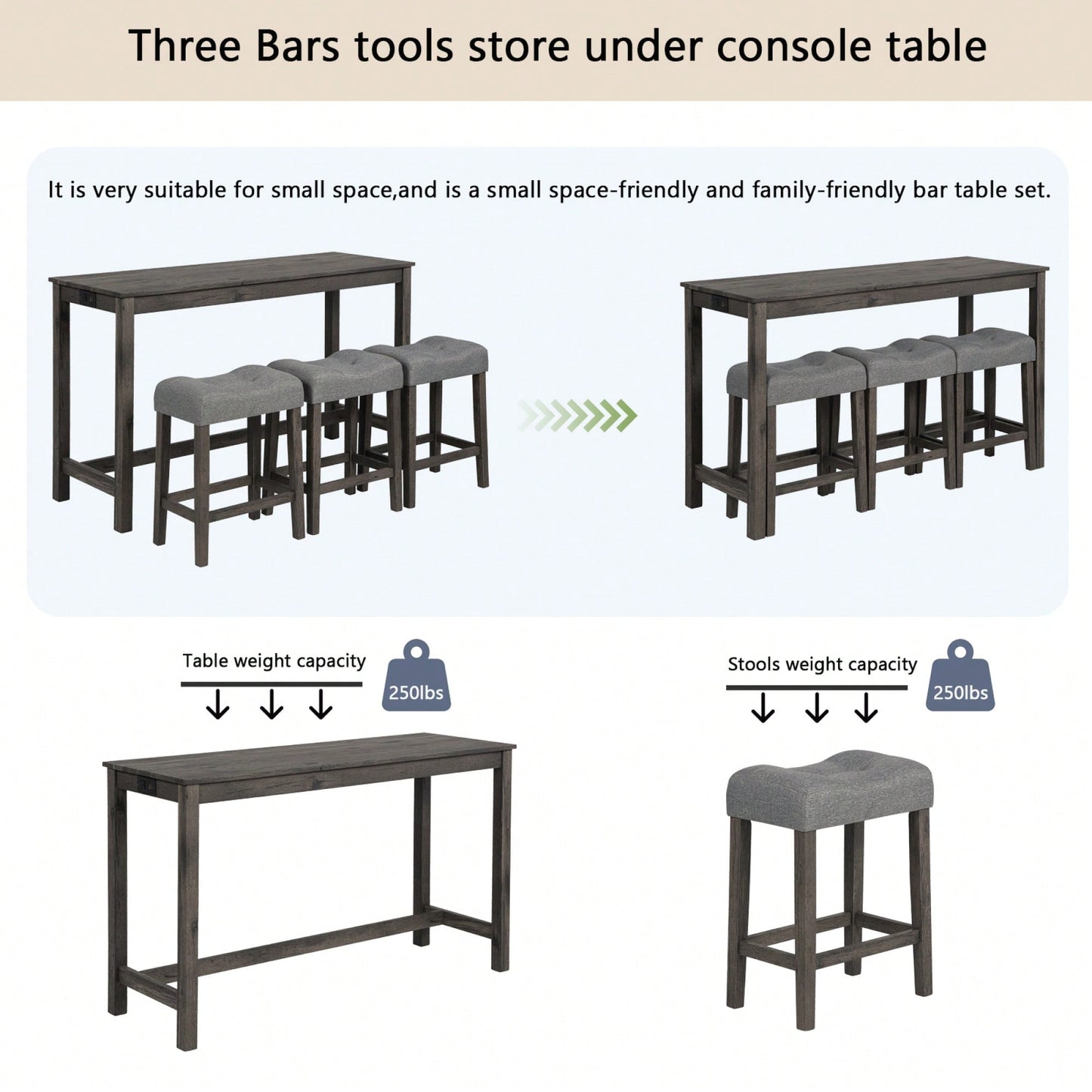 4-Piece Brown Bar Table Set With Power Outlet And 3 Padded Stools For Dining Room, Living Room And Game Room