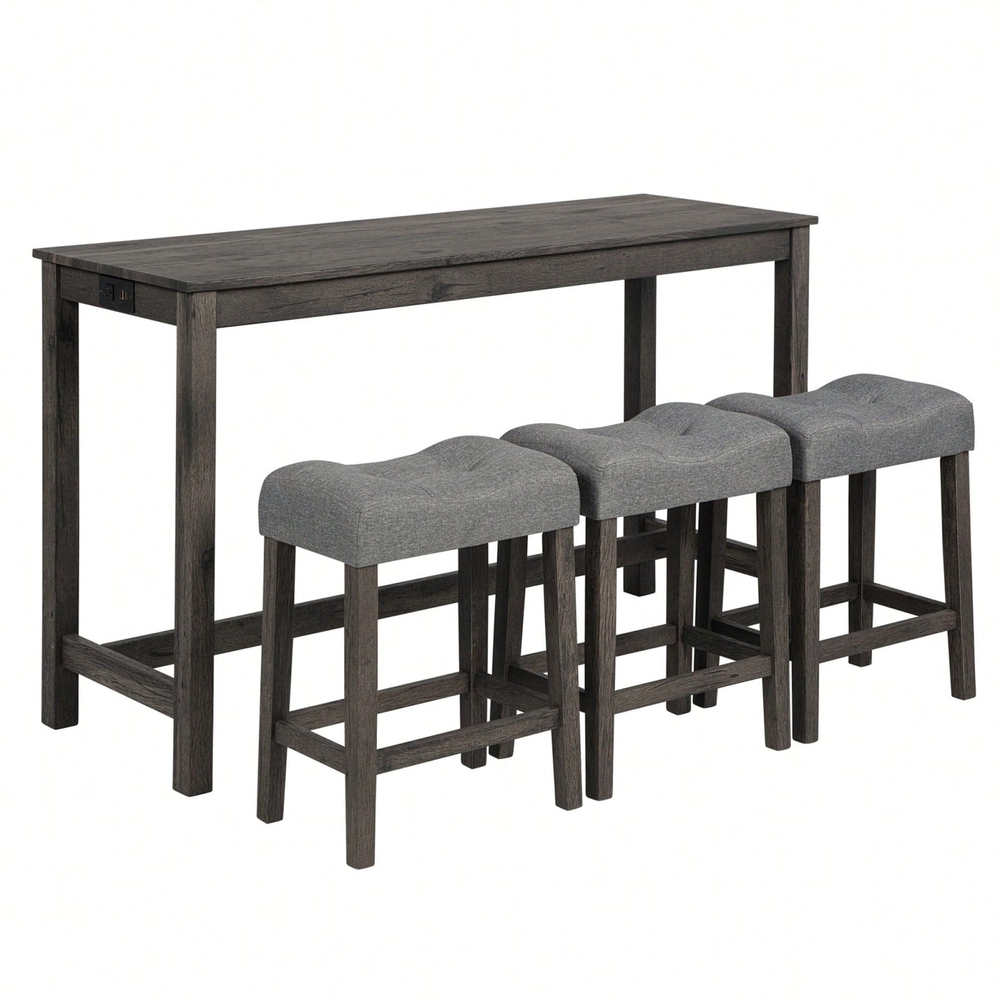 4-Piece Brown Bar Table Set With Power Outlet And 3 Padded Stools For Dining Room, Living Room And Game Room