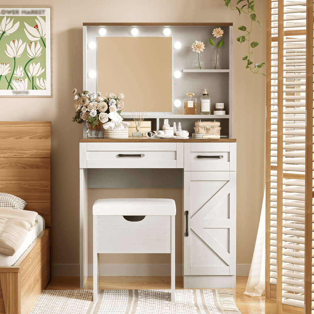 Elegant Makeup Vanity Desk With Mirror And LED Lights, 3 Lighting Modes, Dressing Table With Adjustable Shelves, White Finish
