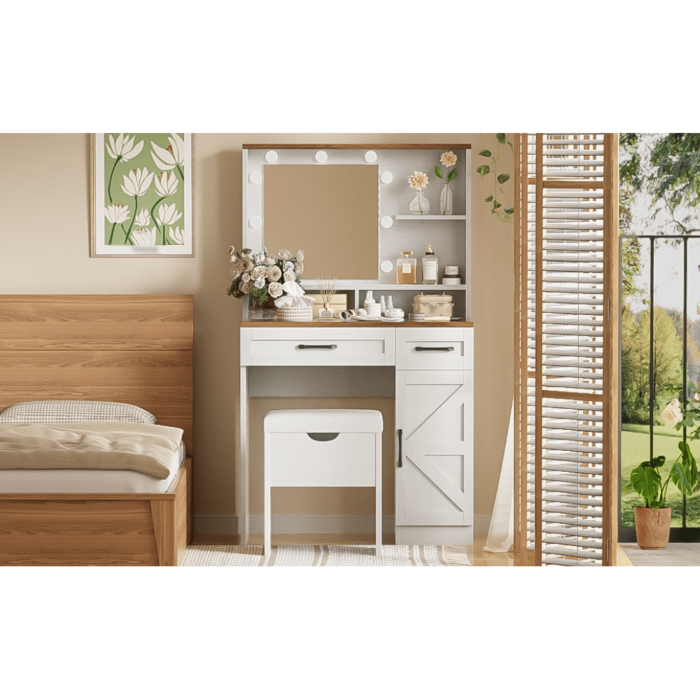 Elegant Makeup Vanity Desk With Mirror And LED Lights, 3 Lighting Modes, Dressing Table With Adjustable Shelves, White Finish