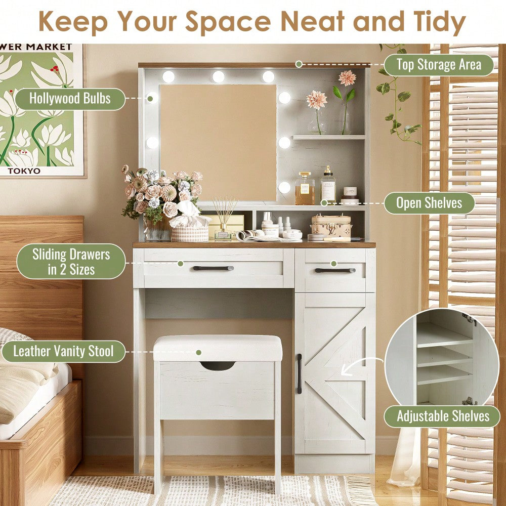 Elegant Makeup Vanity Desk With Mirror And LED Lights, 3 Lighting Modes, Dressing Table With Adjustable Shelves, White Finish