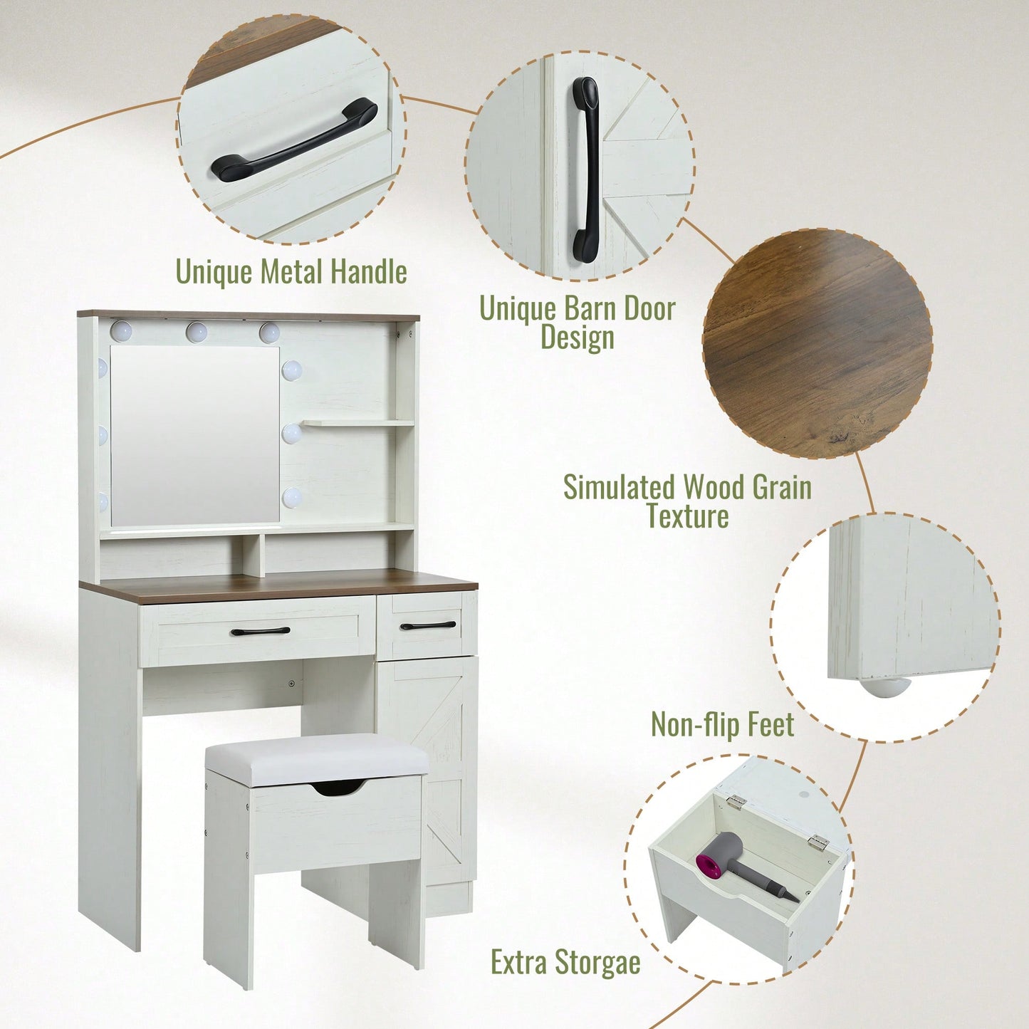 Elegant Makeup Vanity Desk With Mirror And LED Lights, 3 Lighting Modes, Dressing Table With Adjustable Shelves, White Finish
