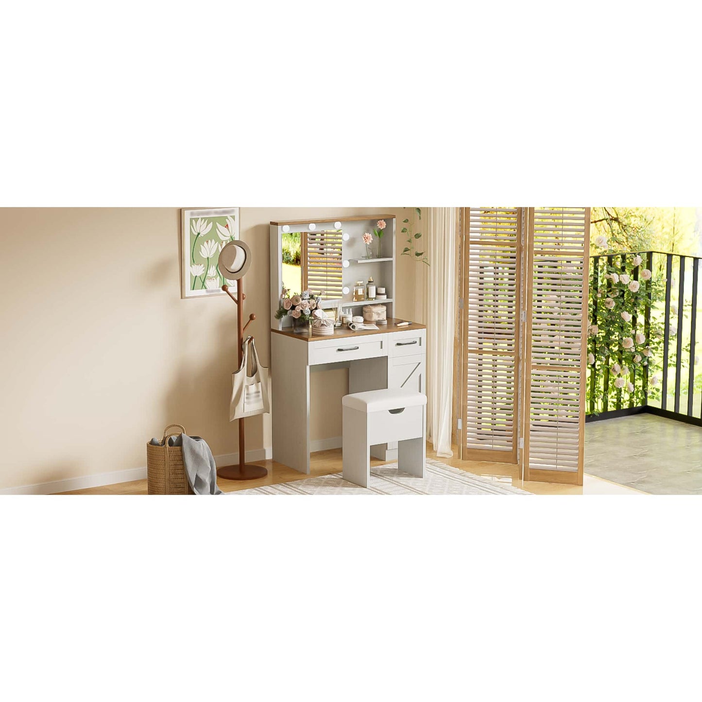 Elegant Makeup Vanity Desk With Mirror And LED Lights, 3 Lighting Modes, Dressing Table With Adjustable Shelves, White Finish