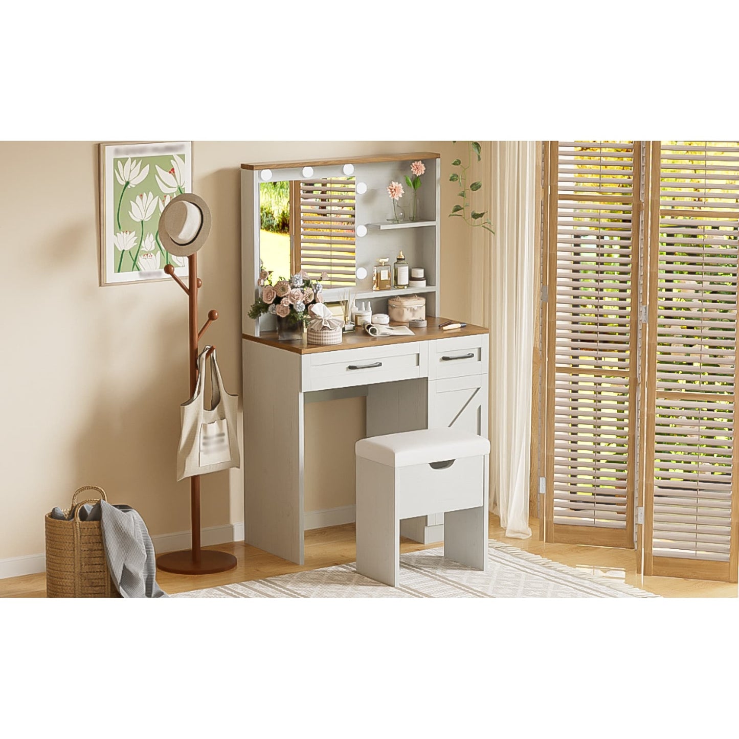 Elegant Makeup Vanity Desk With Mirror And LED Lights, 3 Lighting Modes, Dressing Table With Adjustable Shelves, White Finish