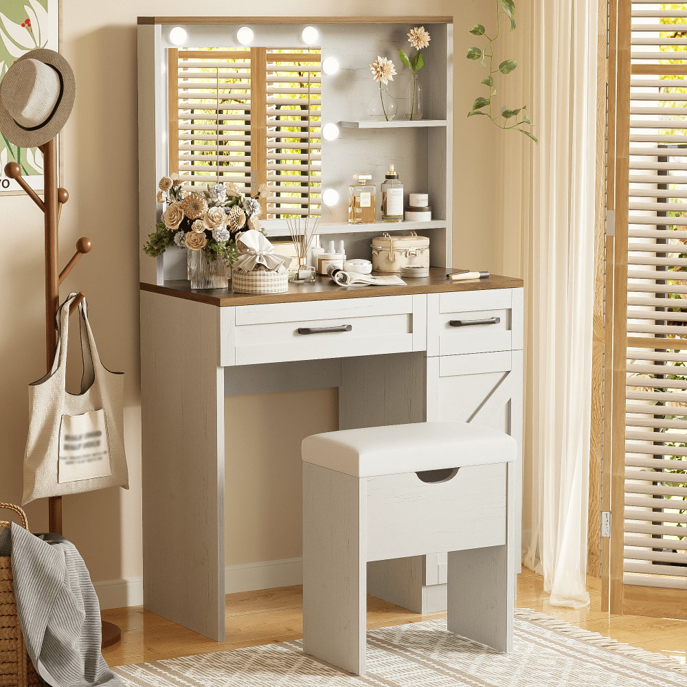 Elegant Makeup Vanity Desk With Mirror And LED Lights, 3 Lighting Modes, Dressing Table With Adjustable Shelves, White Finish