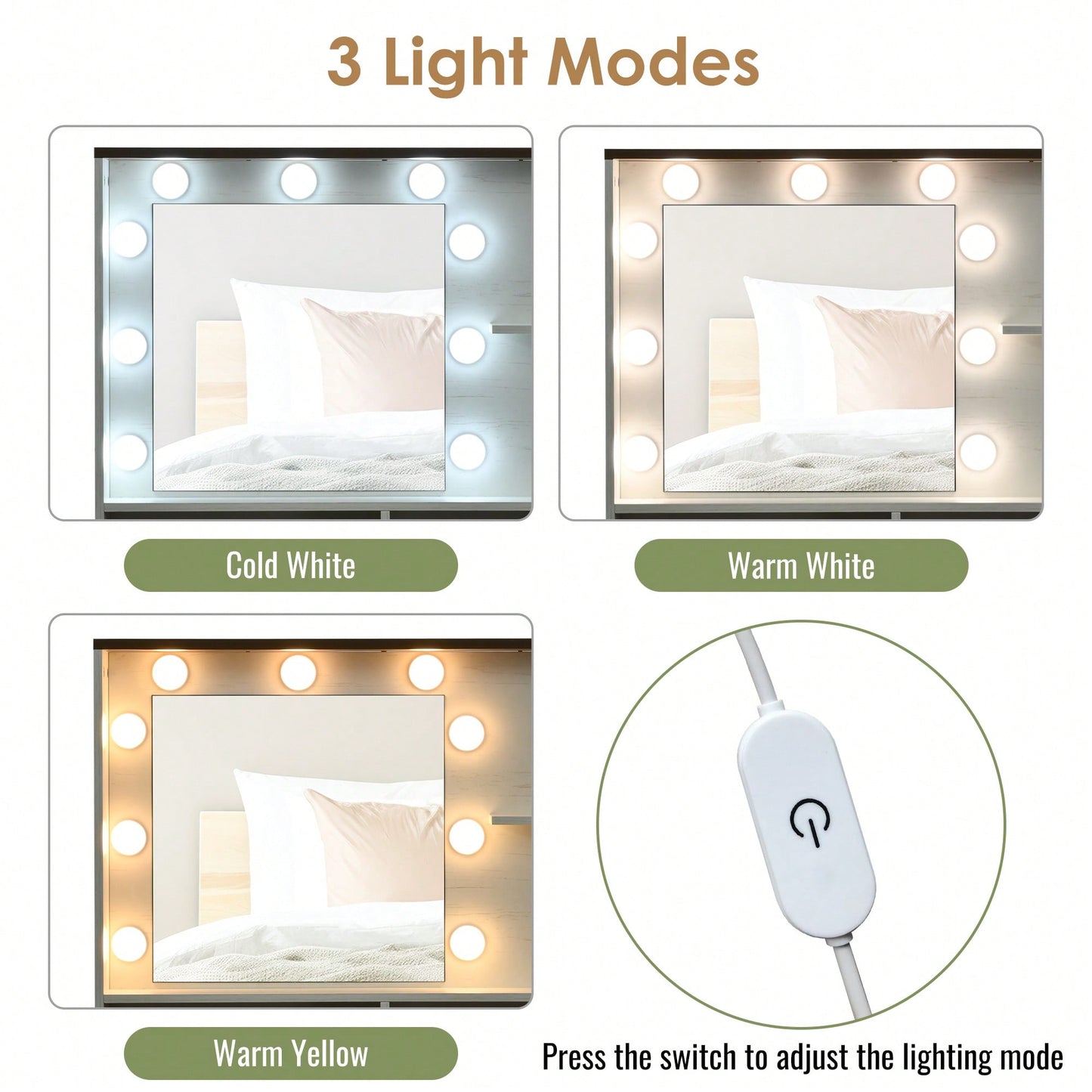 Elegant Makeup Vanity Desk With Mirror And LED Lights, 3 Lighting Modes, Dressing Table With Adjustable Shelves, White Finish