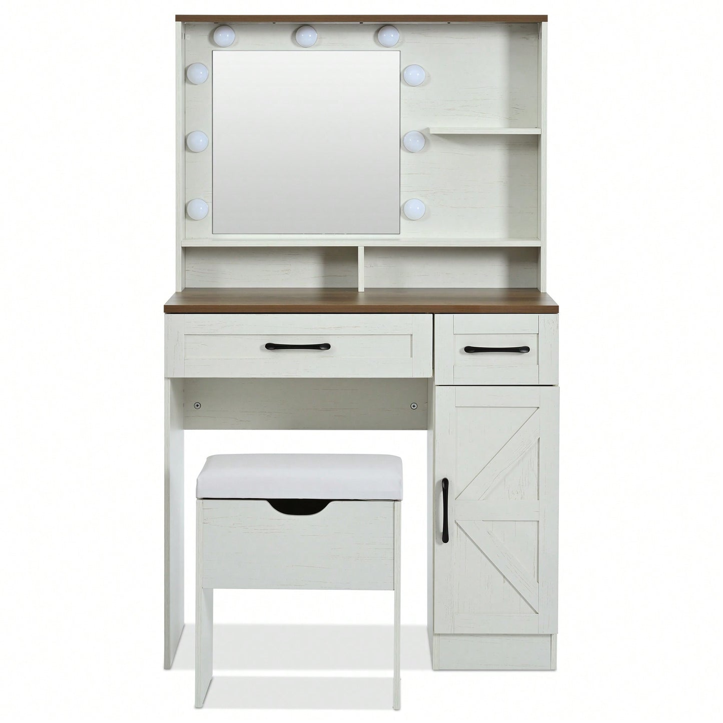 Elegant Makeup Vanity Desk With Mirror And LED Lights, 3 Lighting Modes, Dressing Table With Adjustable Shelves, White Finish