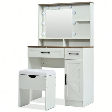 Elegant Makeup Vanity Desk With Mirror And LED Lights, 3 Lighting Modes, Dressing Table With Adjustable Shelves, White Finish
