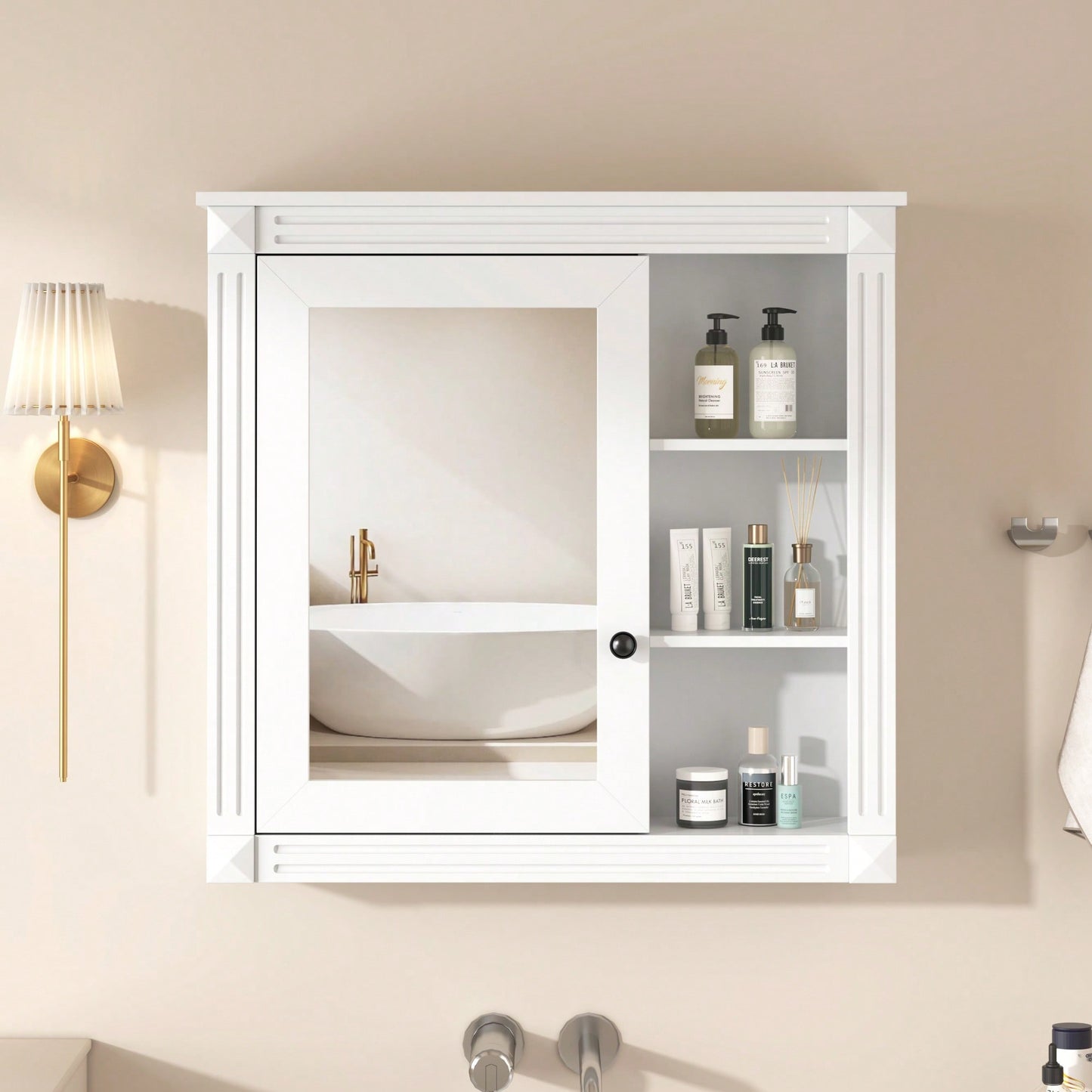 Wall Mounted Bathroom Mirror Cabinet With Storage Organizer And Over The Toilet Shelves In White