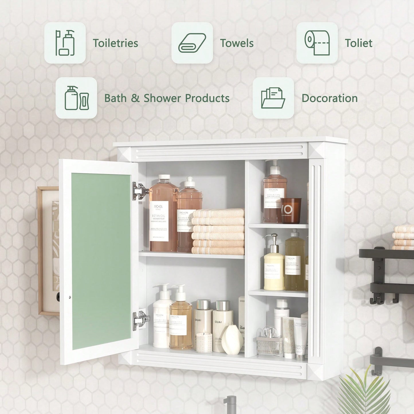 Wall Mounted Bathroom Mirror Cabinet With Storage Organizer And Over The Toilet Shelves In White