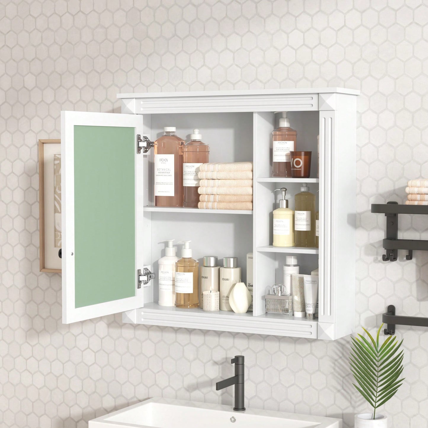 Wall Mounted Bathroom Mirror Cabinet With Storage Organizer And Over The Toilet Shelves In White