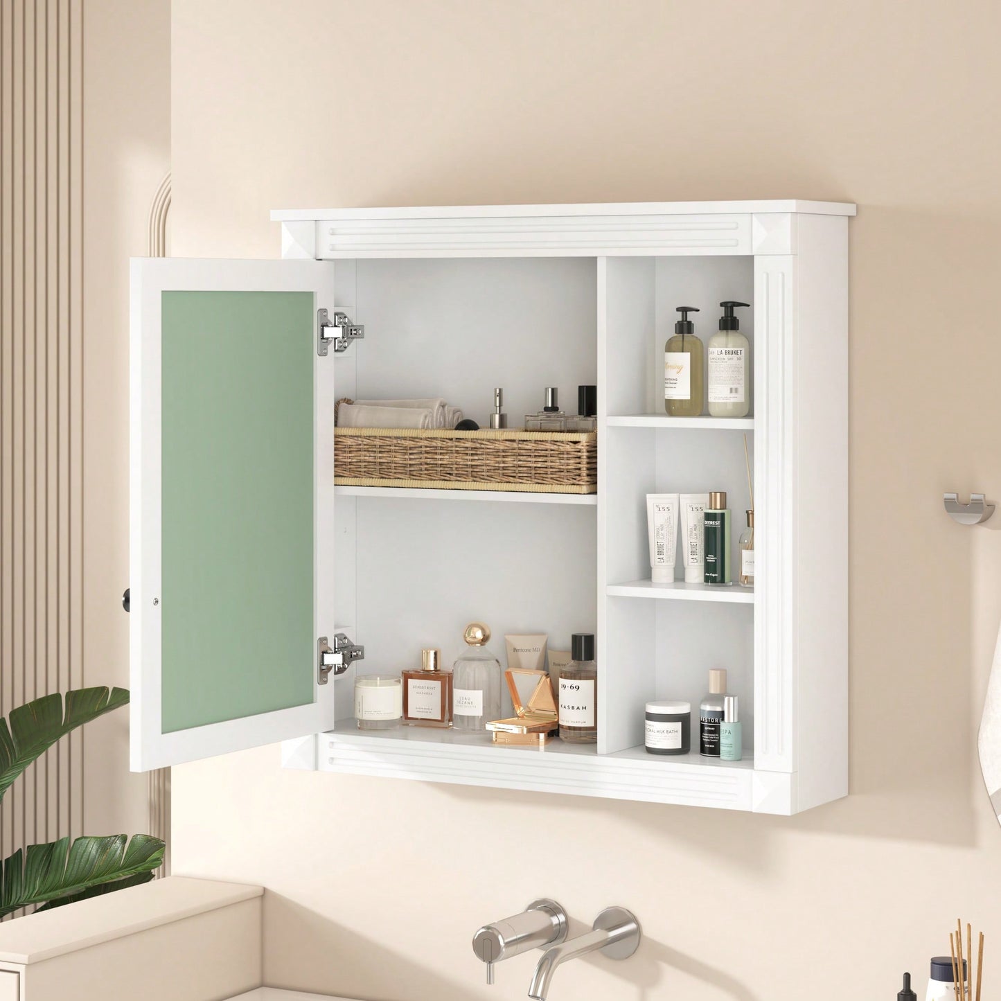 Wall Mounted Bathroom Mirror Cabinet With Storage Organizer And Over The Toilet Shelves In White