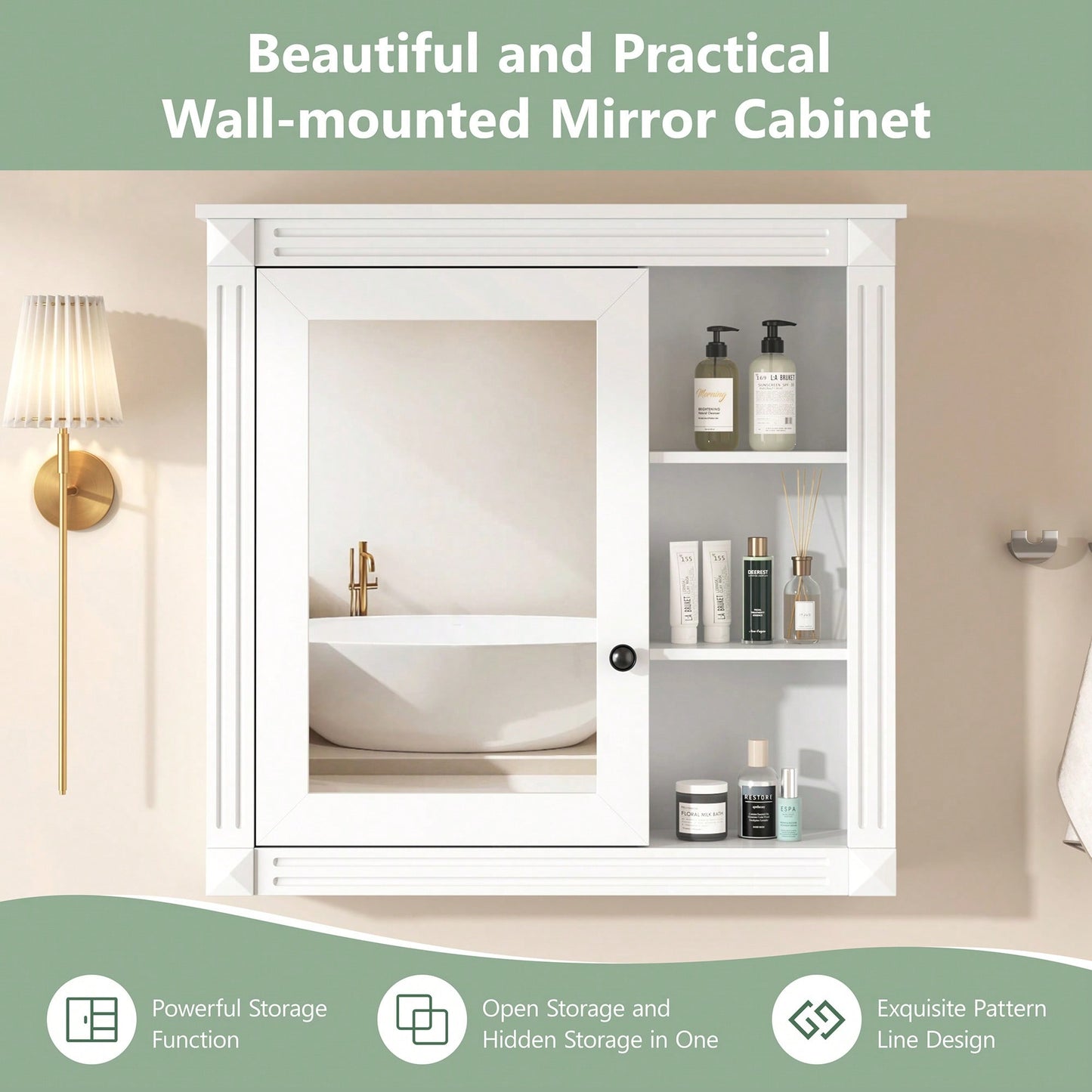 Wall Mounted Bathroom Mirror Cabinet With Storage Organizer And Over The Toilet Shelves In White