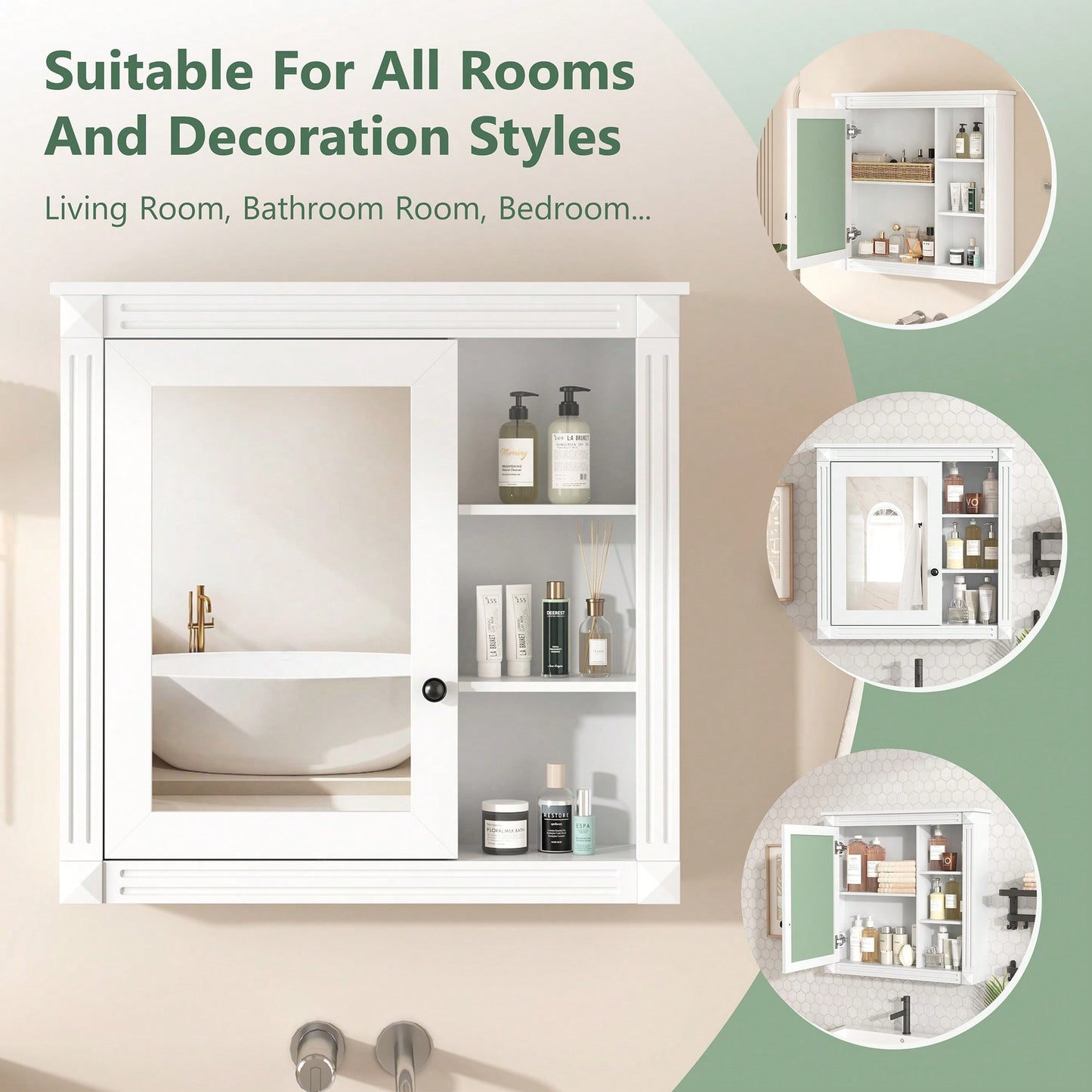 Wall Mounted Bathroom Mirror Cabinet With Storage Organizer And Over The Toilet Shelves In White