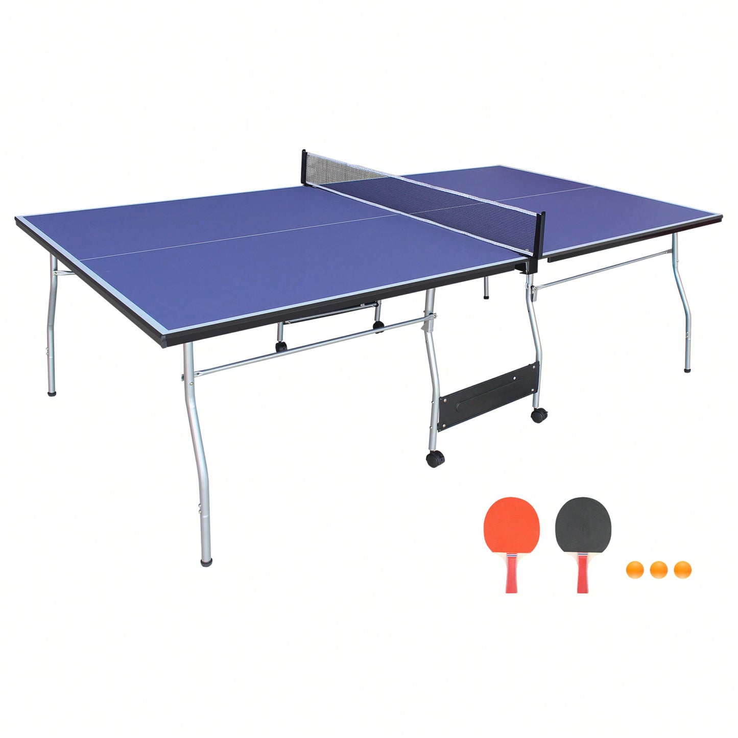 Portable 8ft Foldable Table Tennis Table Set For Indoor Outdoor Play With Net 2 Paddles And 3 Balls