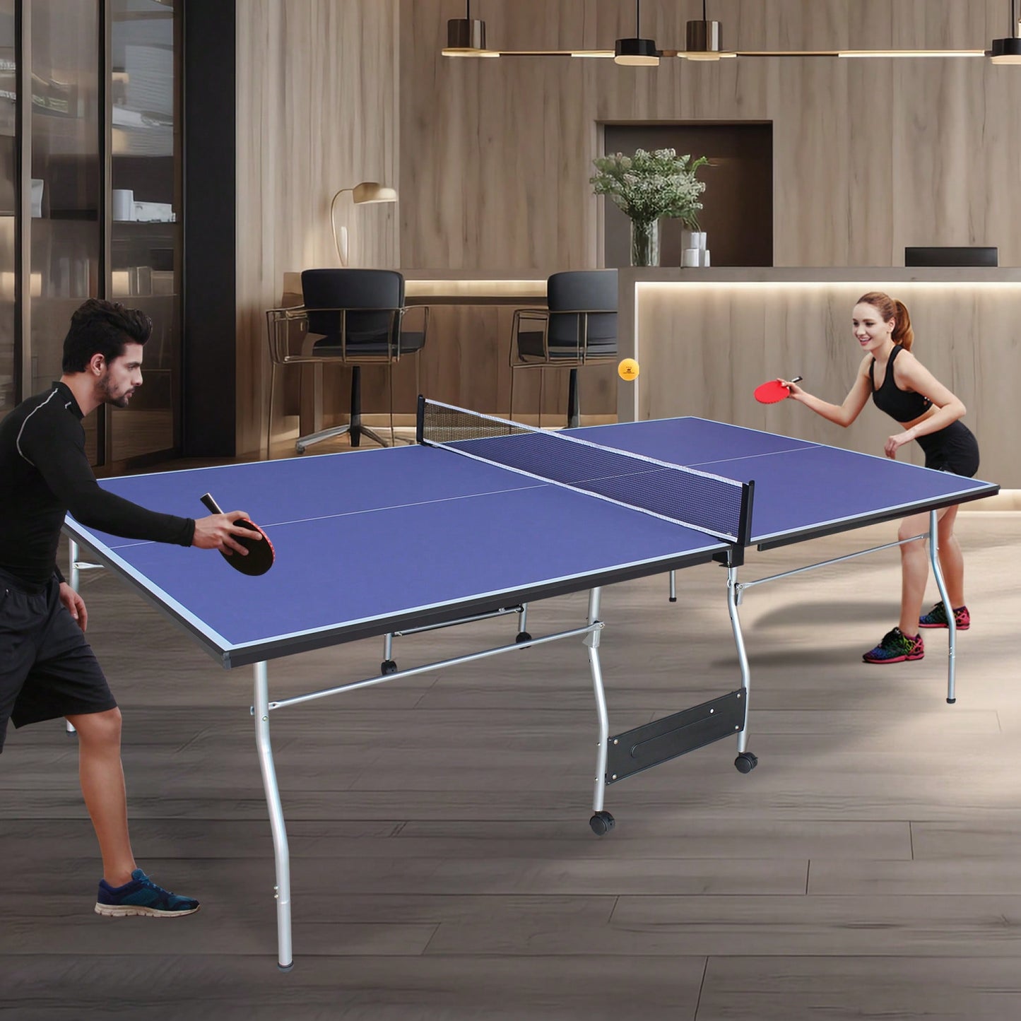 Portable 8ft Foldable Table Tennis Table Set For Indoor Outdoor Play With Net 2 Paddles And 3 Balls