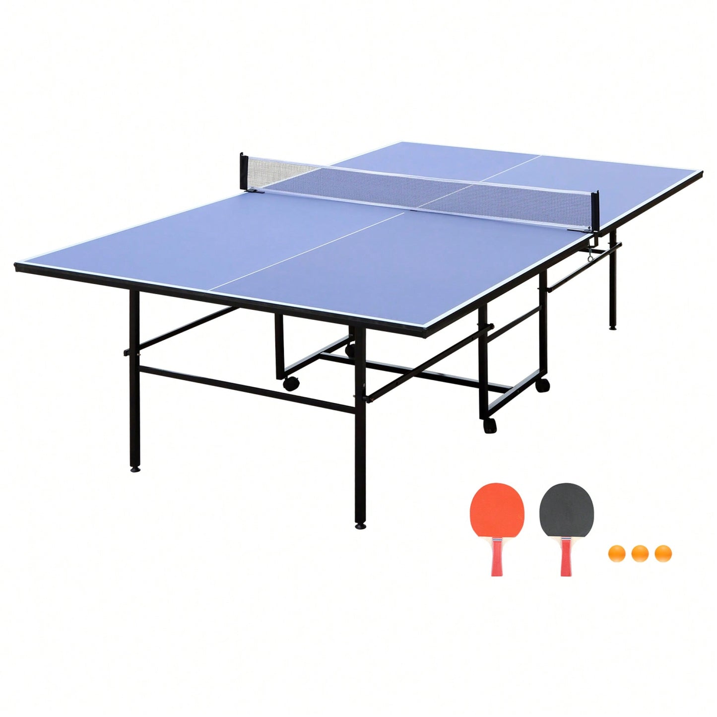 Foldable 9ft Portable Table Tennis Table Set With Net, 2 Paddles And 3 Balls For Indoor Play