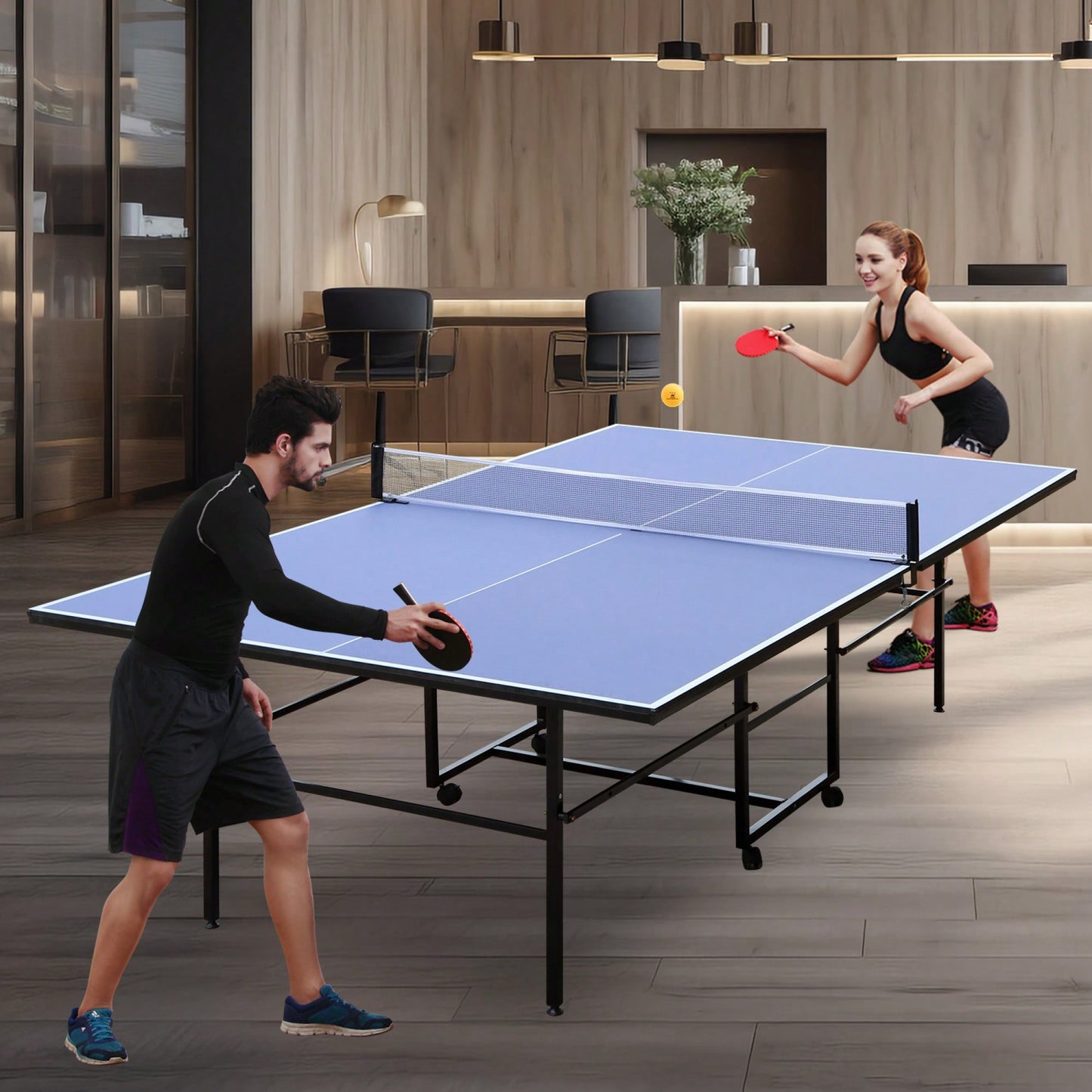 Foldable 9ft Portable Table Tennis Table Set With Net, 2 Paddles And 3 Balls For Indoor Play