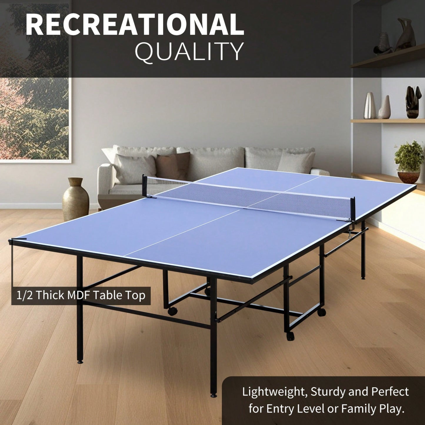 Foldable 9ft Portable Table Tennis Table Set With Net, 2 Paddles And 3 Balls For Indoor Play