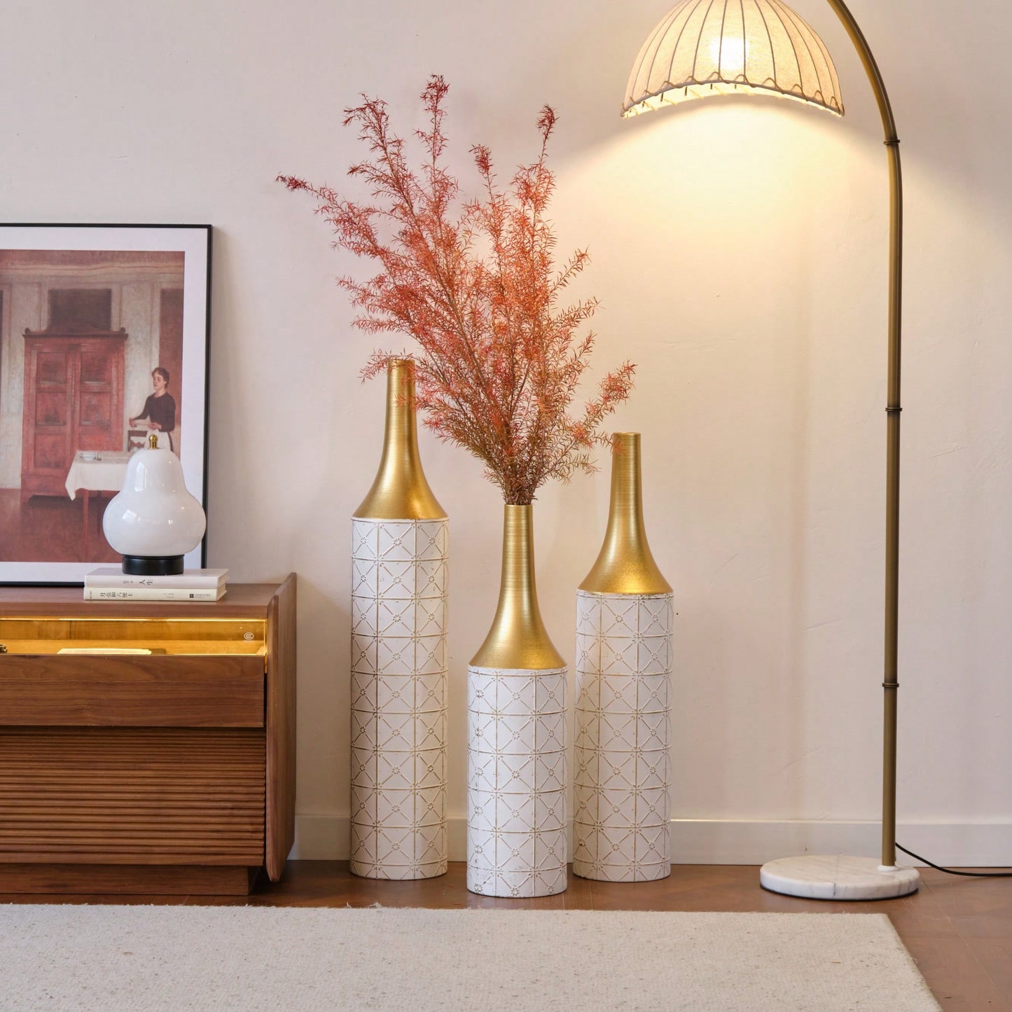 Elegant Set Of 3 Glazed Floor Metal Vases For Home Decor 24in 28.7in 33.5in Height