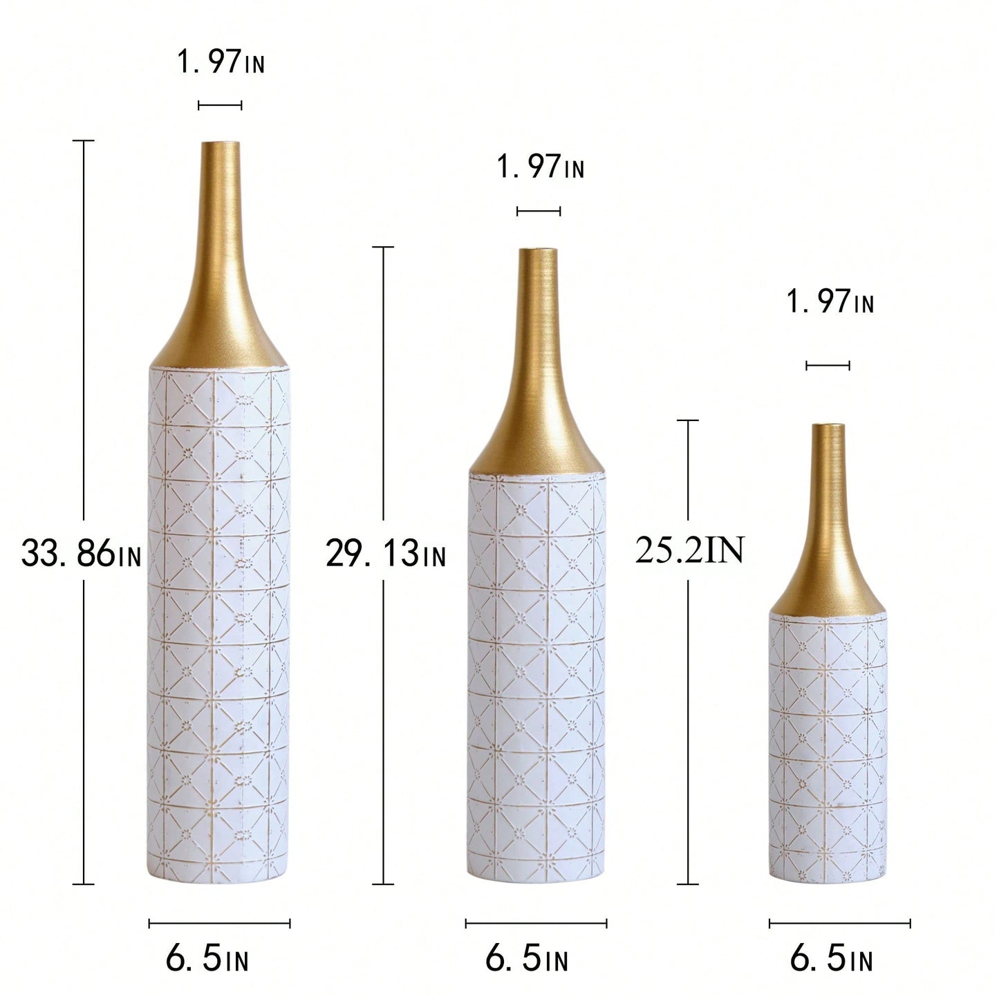 Elegant Set Of 3 Glazed Floor Metal Vases For Home Decor 24in 28.7in 33.5in Height