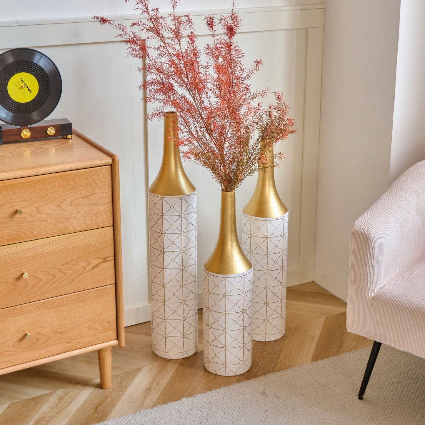 Elegant Set Of 3 Glazed Floor Metal Vases For Home Decor 24in 28.7in 33.5in Height