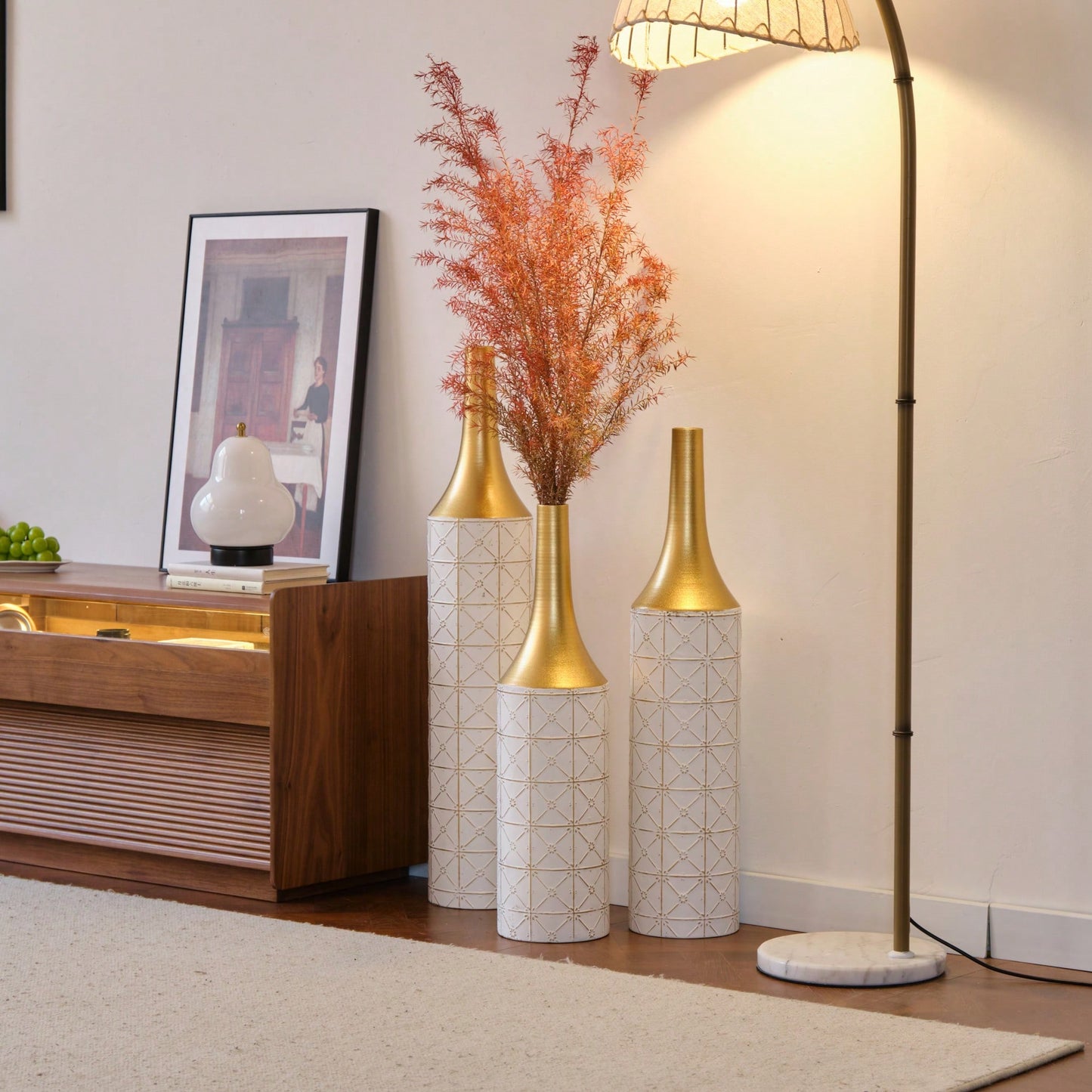 Elegant Set Of 3 Glazed Floor Metal Vases For Home Decor 24in 28.7in 33.5in Height