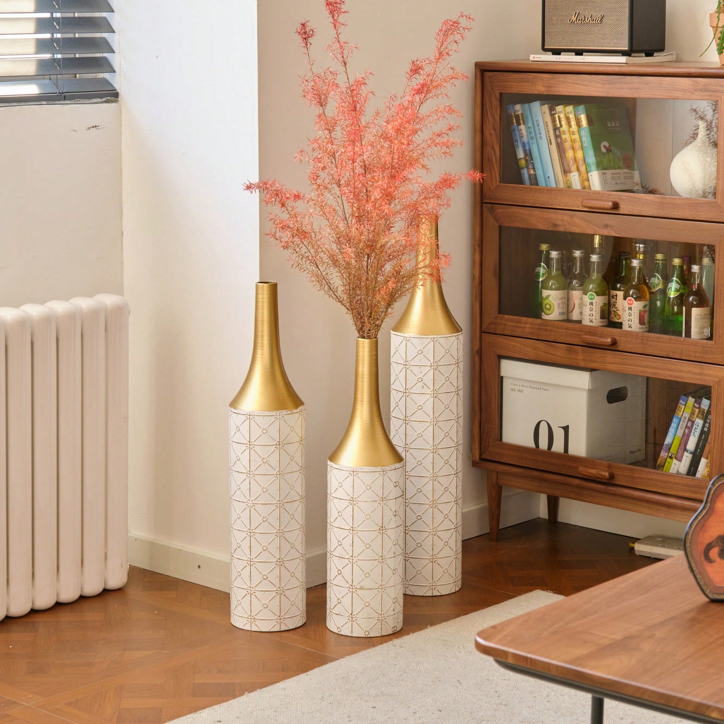 Elegant Set Of 3 Glazed Floor Metal Vases For Home Decor 24in 28.7in 33.5in Height