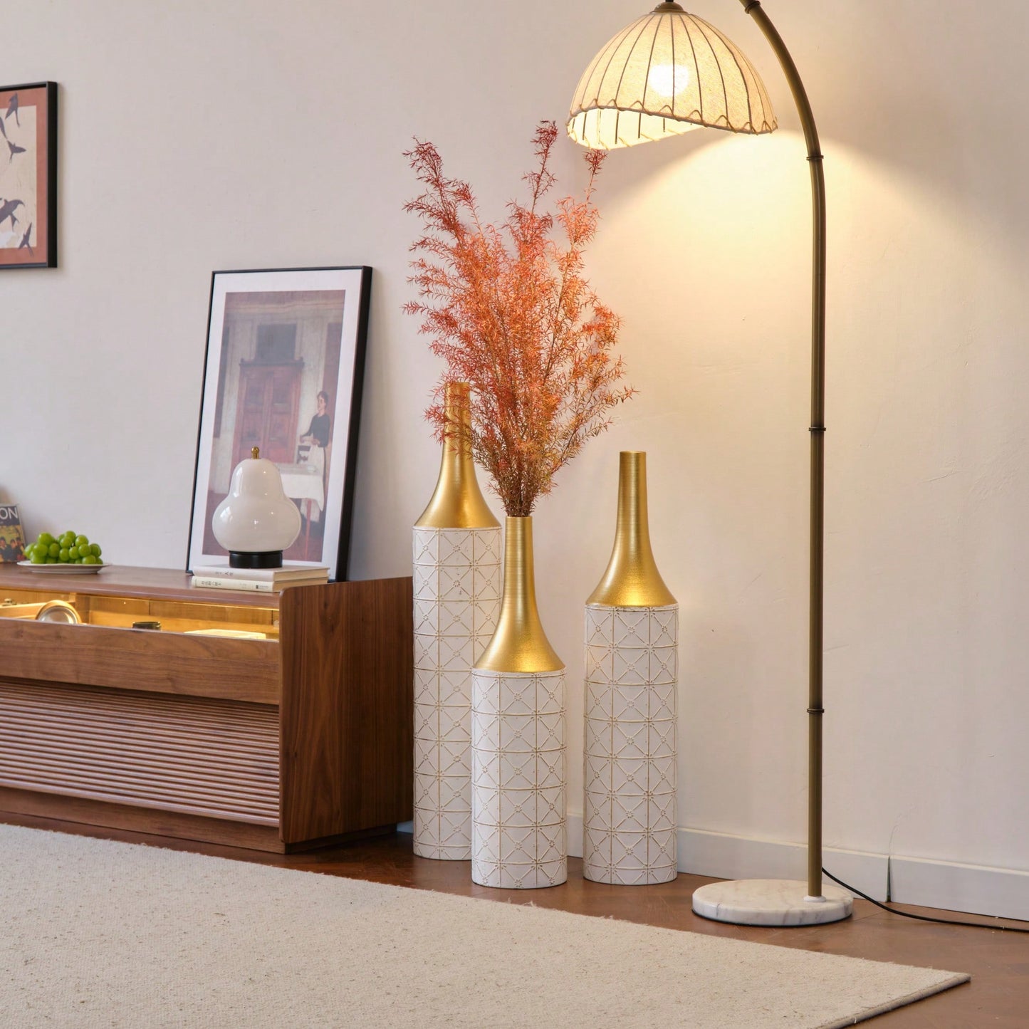 Elegant Set Of 3 Glazed Floor Metal Vases For Home Decor 24in 28.7in 33.5in Height