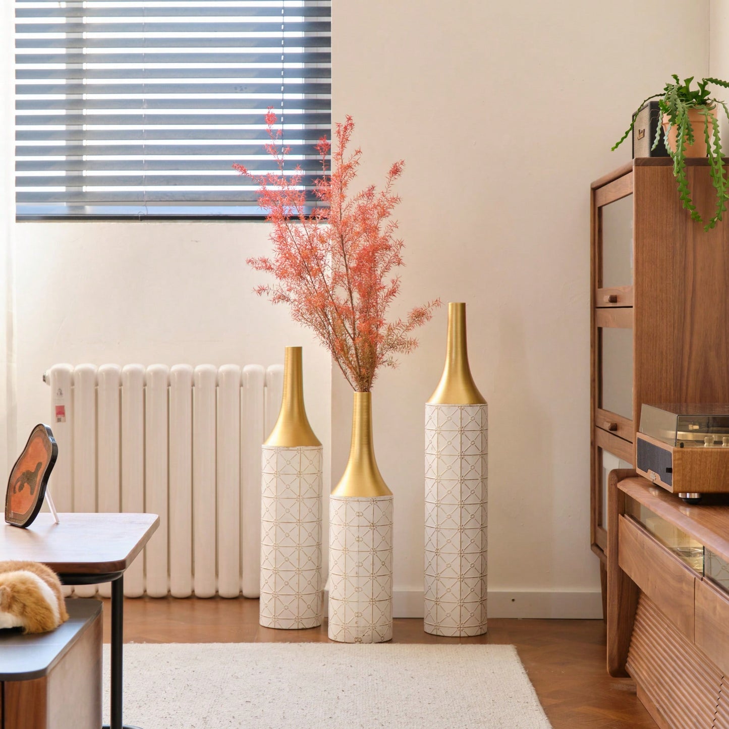 Elegant Set Of 3 Glazed Floor Metal Vases For Home Decor 24in 28.7in 33.5in Height