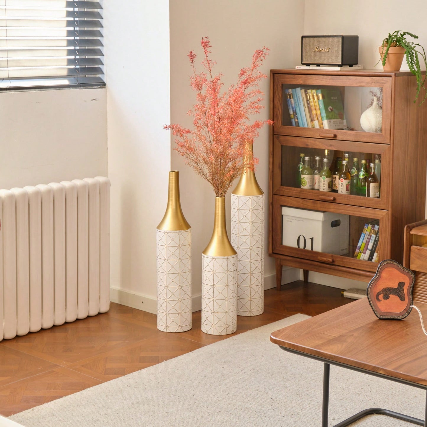 Elegant Set Of 3 Glazed Floor Metal Vases For Home Decor 24in 28.7in 33.5in Height