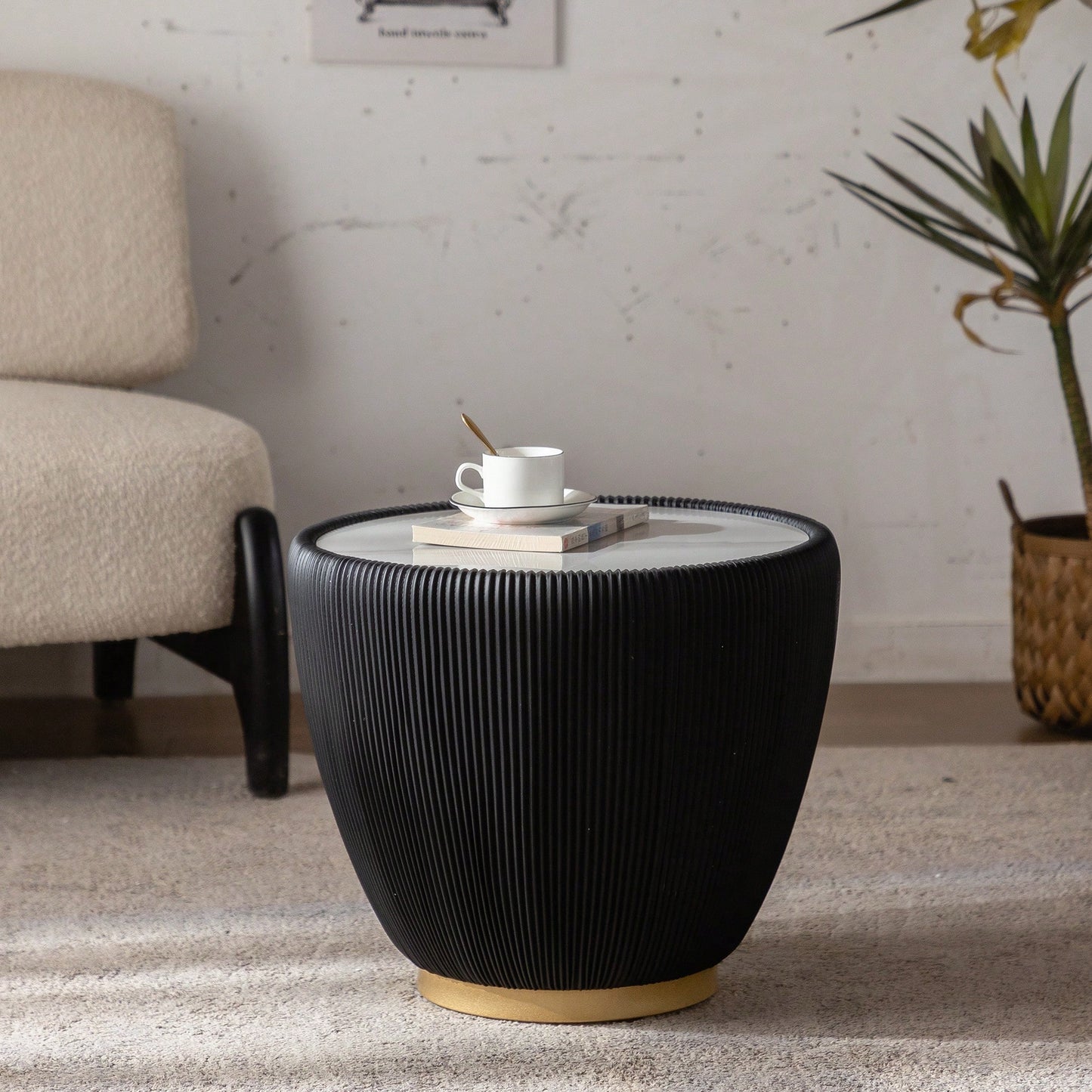Contemporary Round Drum Coffee Table With Sintered Stone Top PU Leather And Metal Base Black 19.7 Inches