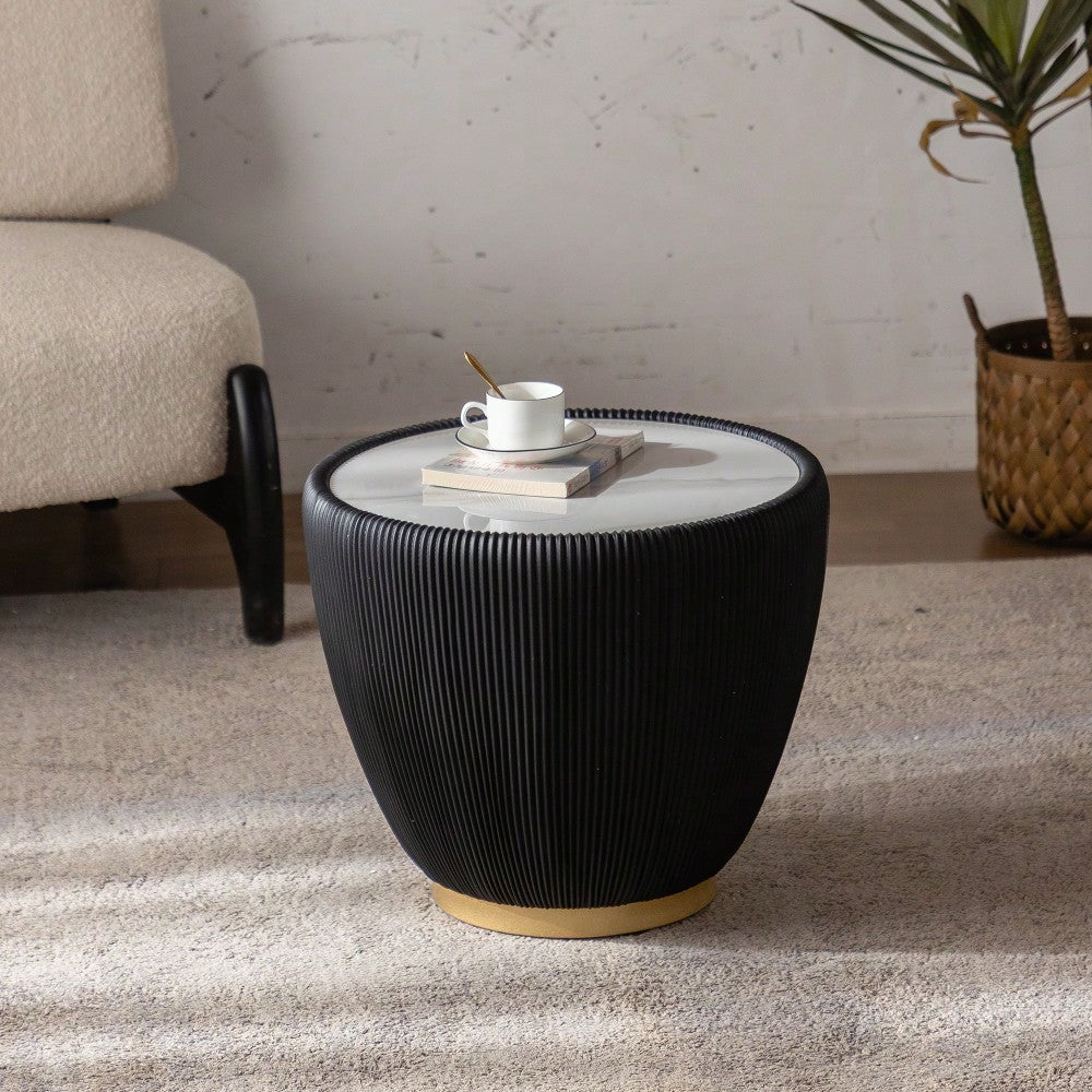 Contemporary Round Drum Coffee Table With Sintered Stone Top PU Leather And Metal Base Black 19.7 Inches