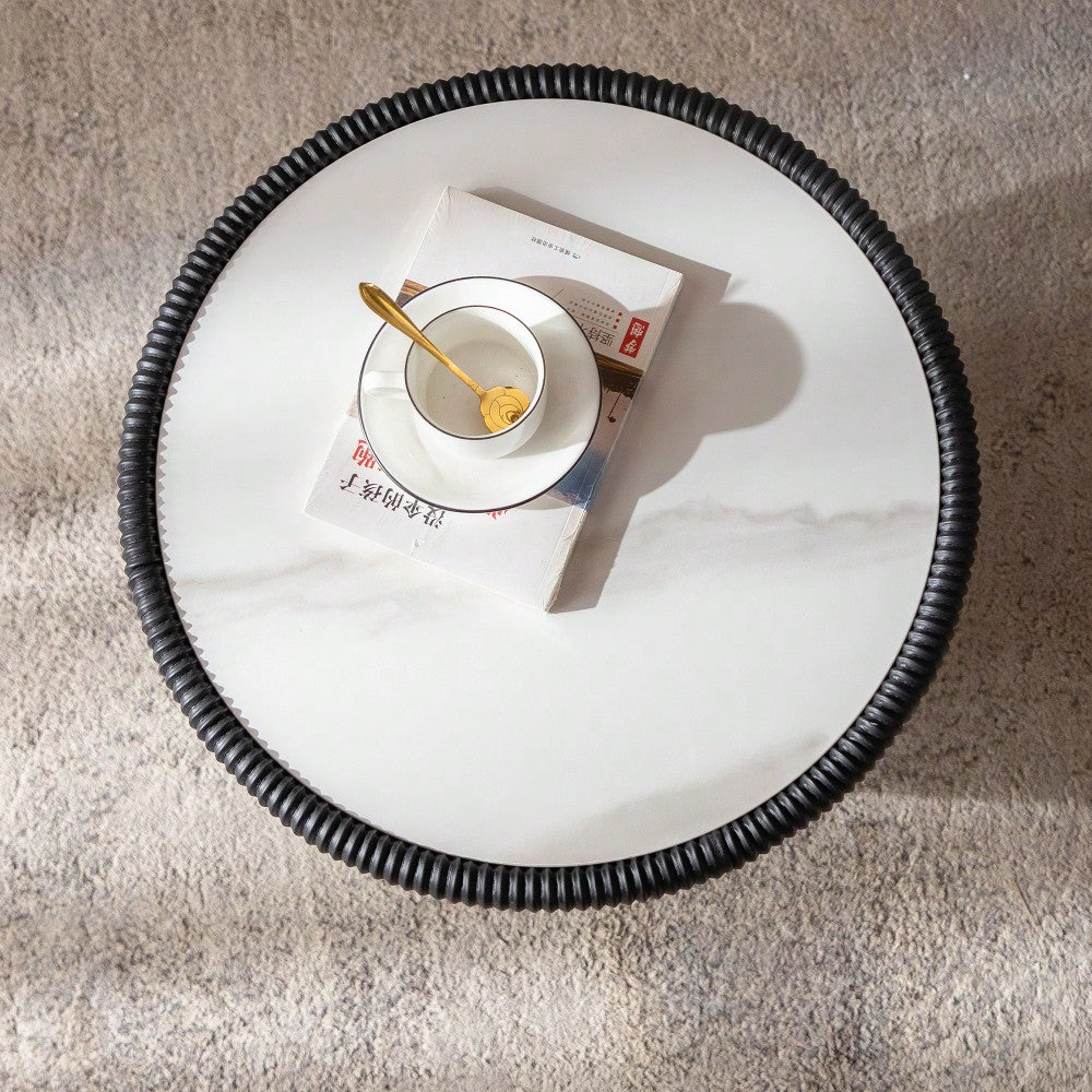 Contemporary Round Drum Coffee Table With Sintered Stone Top PU Leather And Metal Base Black 19.7 Inches